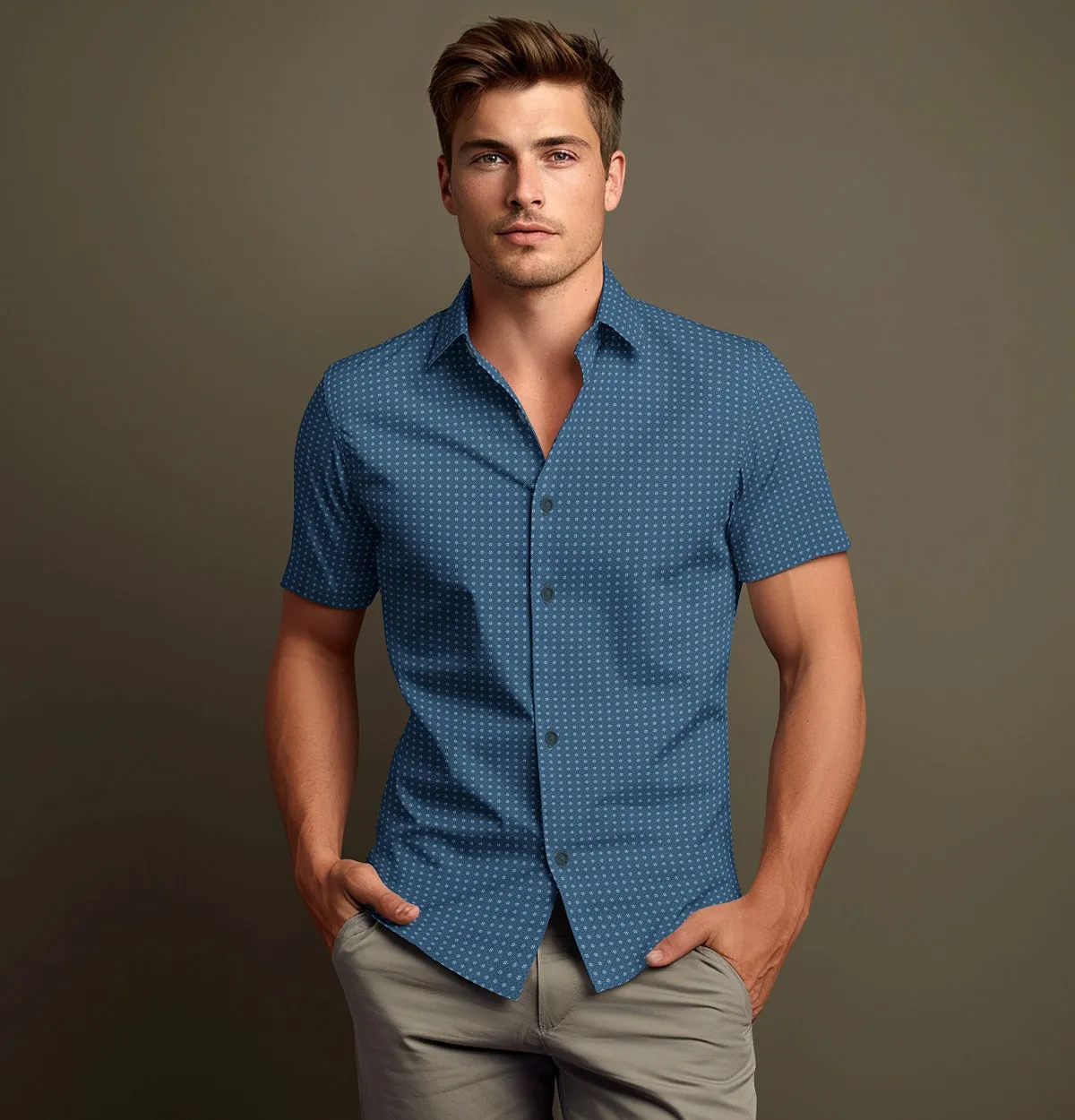 Pure Cotton - Semi-Spread Collar - Short Sleeve - Blue Diamond Grid sold by Airthreads product image thumbnail 4