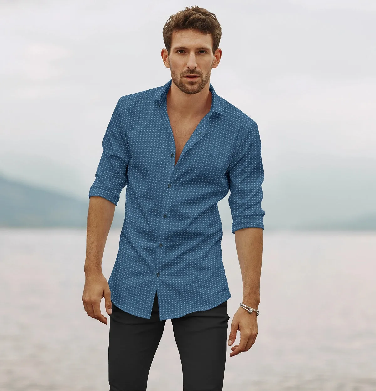 Pure Cotton - Semi-Spread Collar - Long Sleeve - Blue Diamond Grid sold by Airthreads product image thumbnail 5