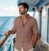 Pure Linen - Semi-Spread Collar  - Long Sleeve - Tawny Brown sold by Airthreads