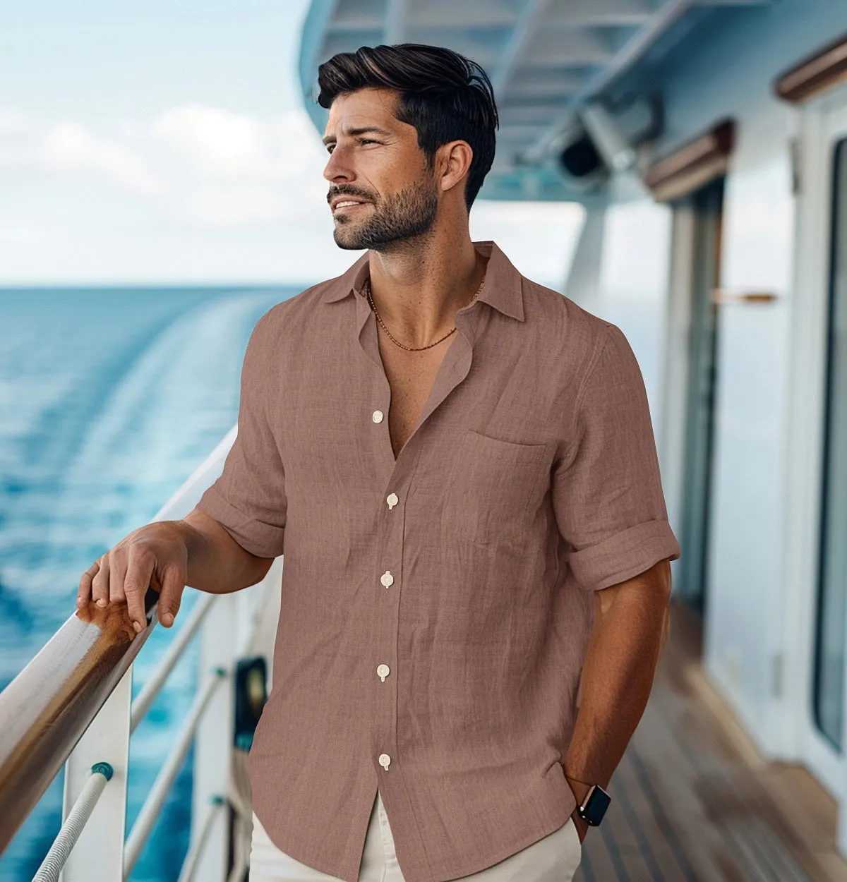 Pure Linen - Semi-Spread Collar - Long Sleeve - Tawny Brown sold by Airthreads product image thumbnail 3