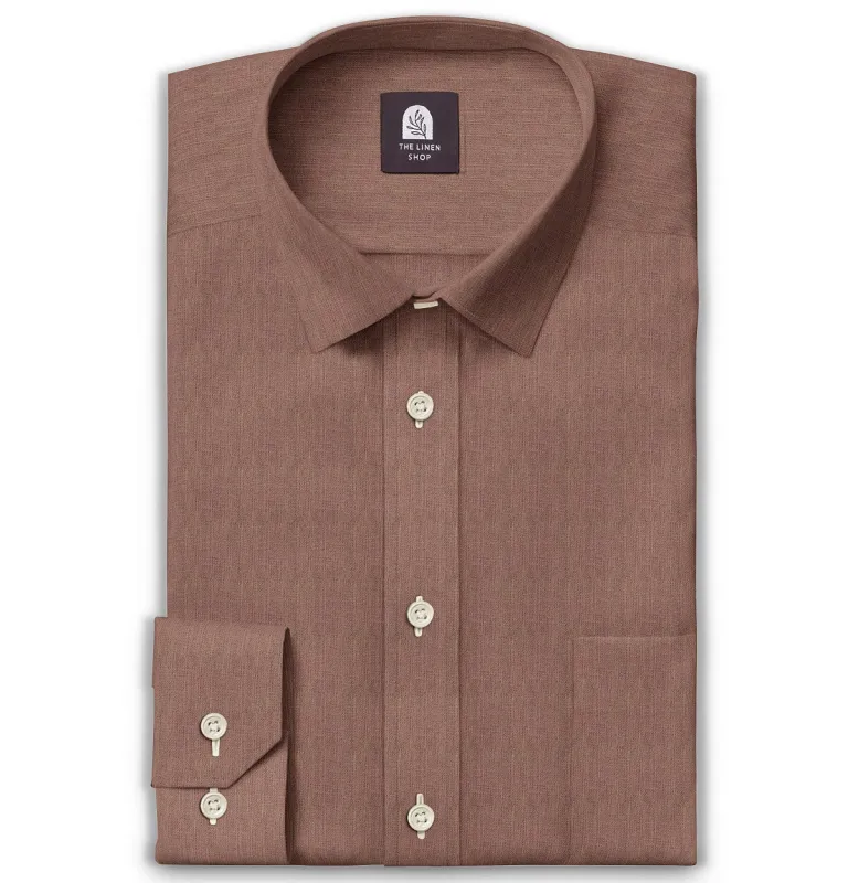 Pure Linen - Semi-Spread Collar  - Long Sleeve - Tawny Brown sold by Airthreads