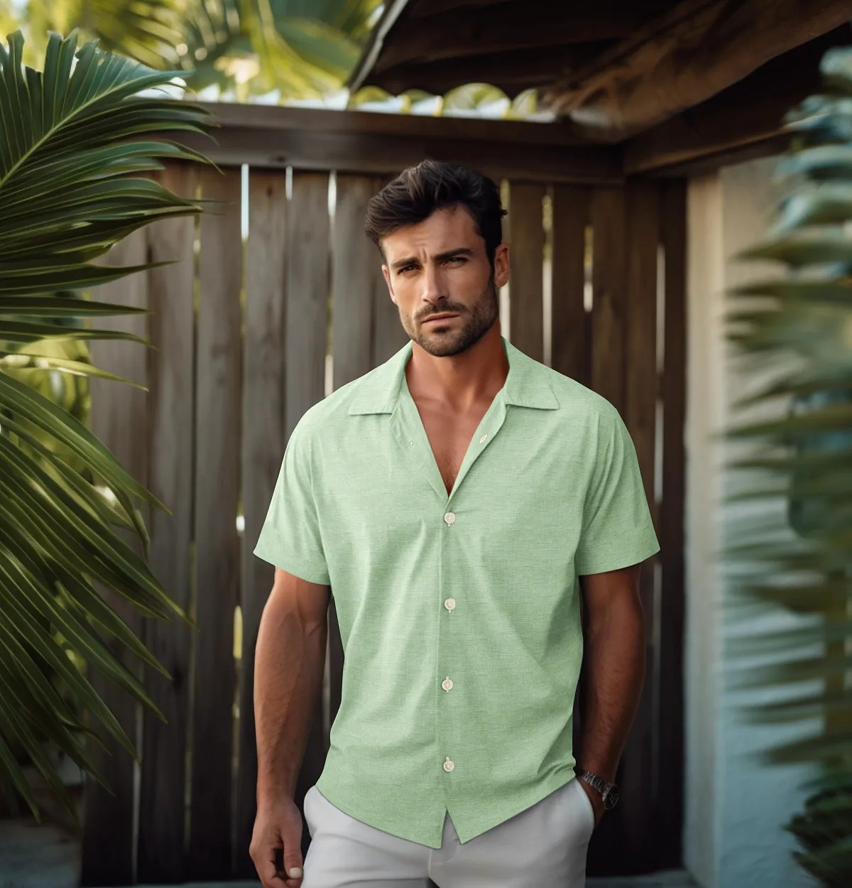 Pure Linen - Camp Collar - Short Sleeve - Sea Green sold by Airthreads product image thumbnail 3