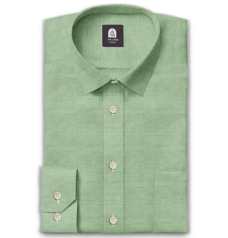 Pure Linen - Semi-Spread Collar  - Long Sleeve - Sea Green sold by Airthreads