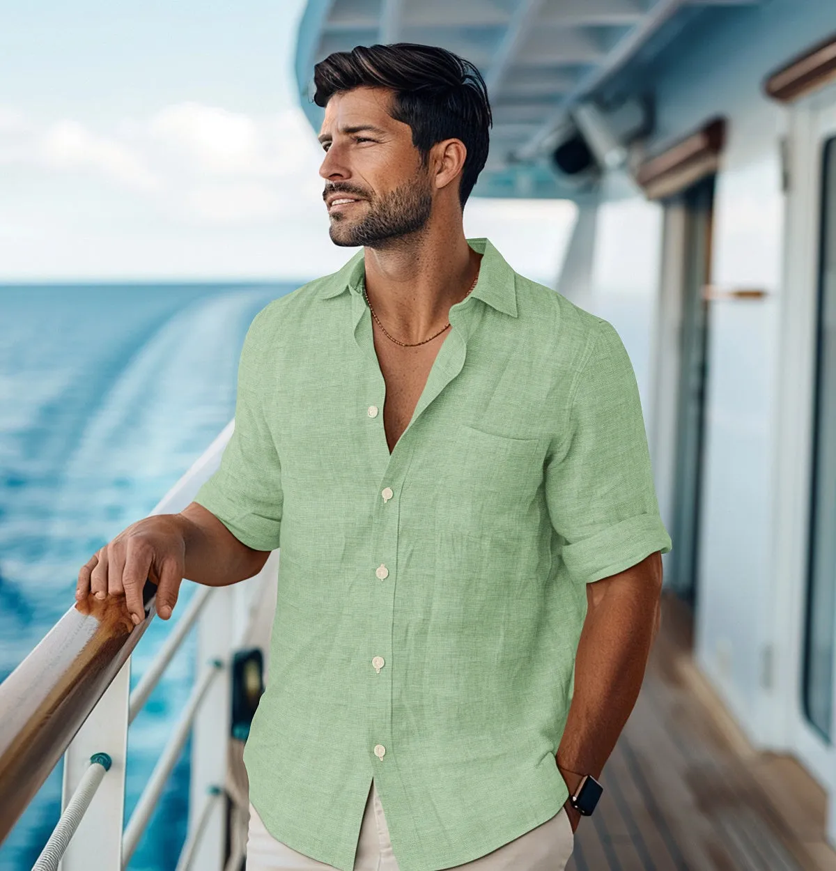Pure Linen - Semi-Spread Collar - Long Sleeve - Sea Green sold by Airthreads product image thumbnail 3