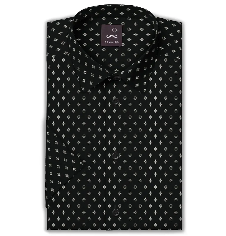 Pure Cotton - Semi-Spread Collar - Short Sleeve - Black Motif sold by Airthreads