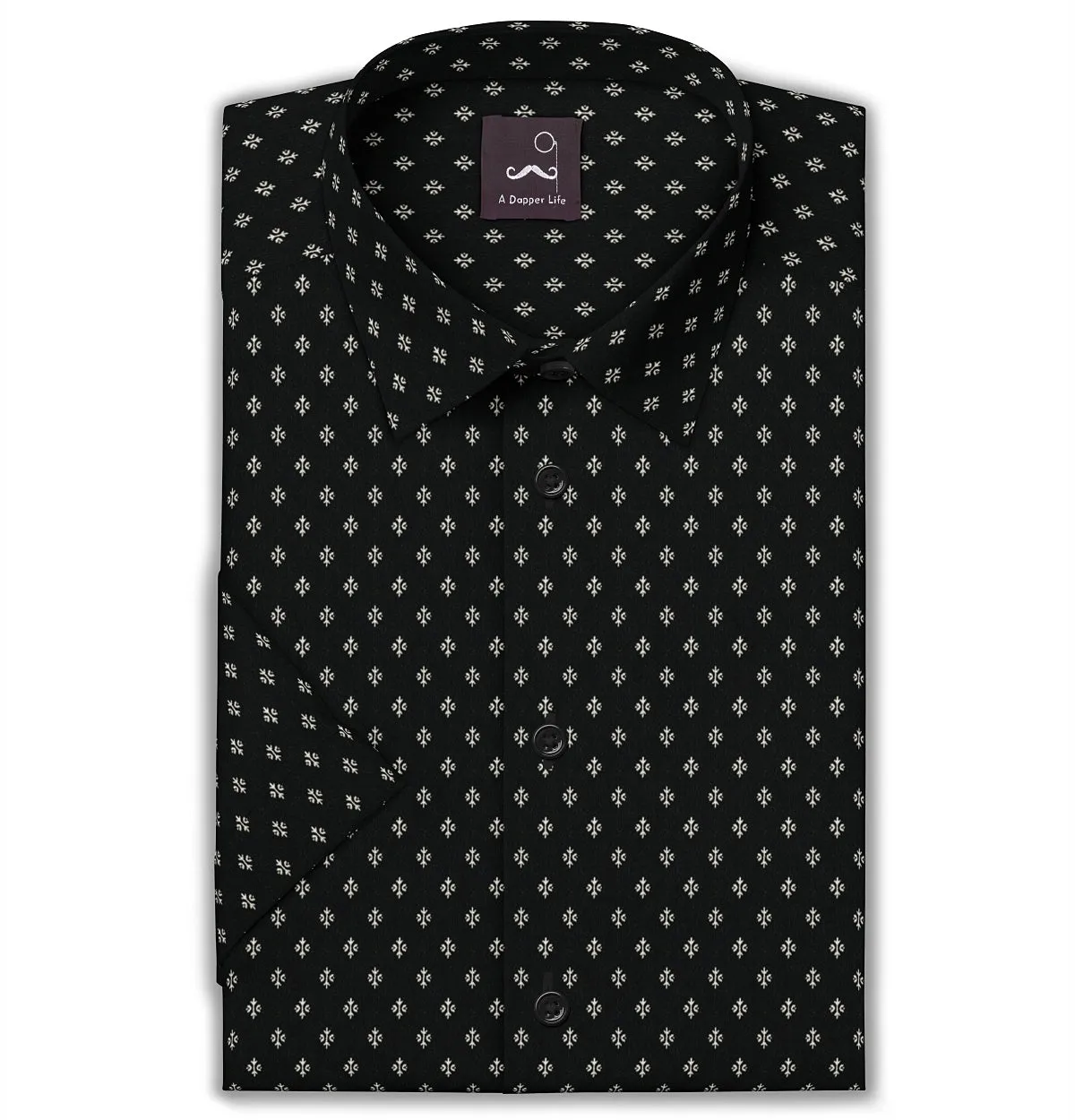 Pure Cotton - Semi-Spread Collar - Short Sleeve - Black Motif sold by Airthreads