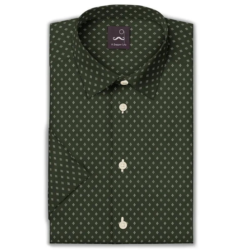 Pure Cotton - Semi-Spread Collar - Short Sleeve - Olive Motif sold by Airthreads