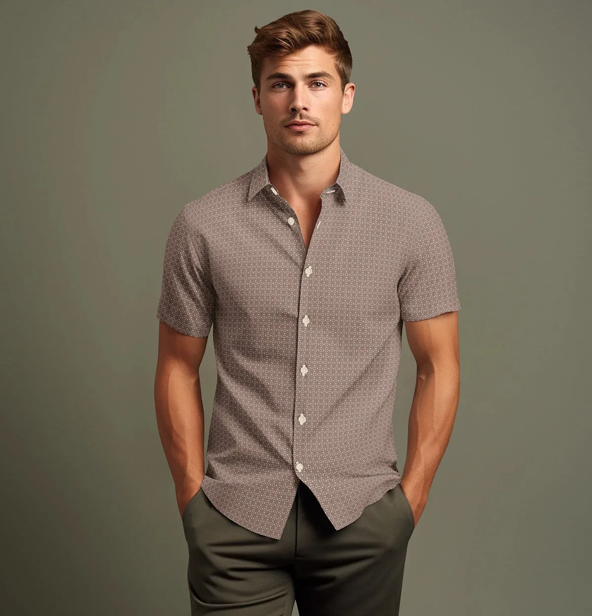 Pure Cotton - Semi-Spread Collar - Short Sleeve - Coffee Filigree sold by Airthreads product image thumbnail 4