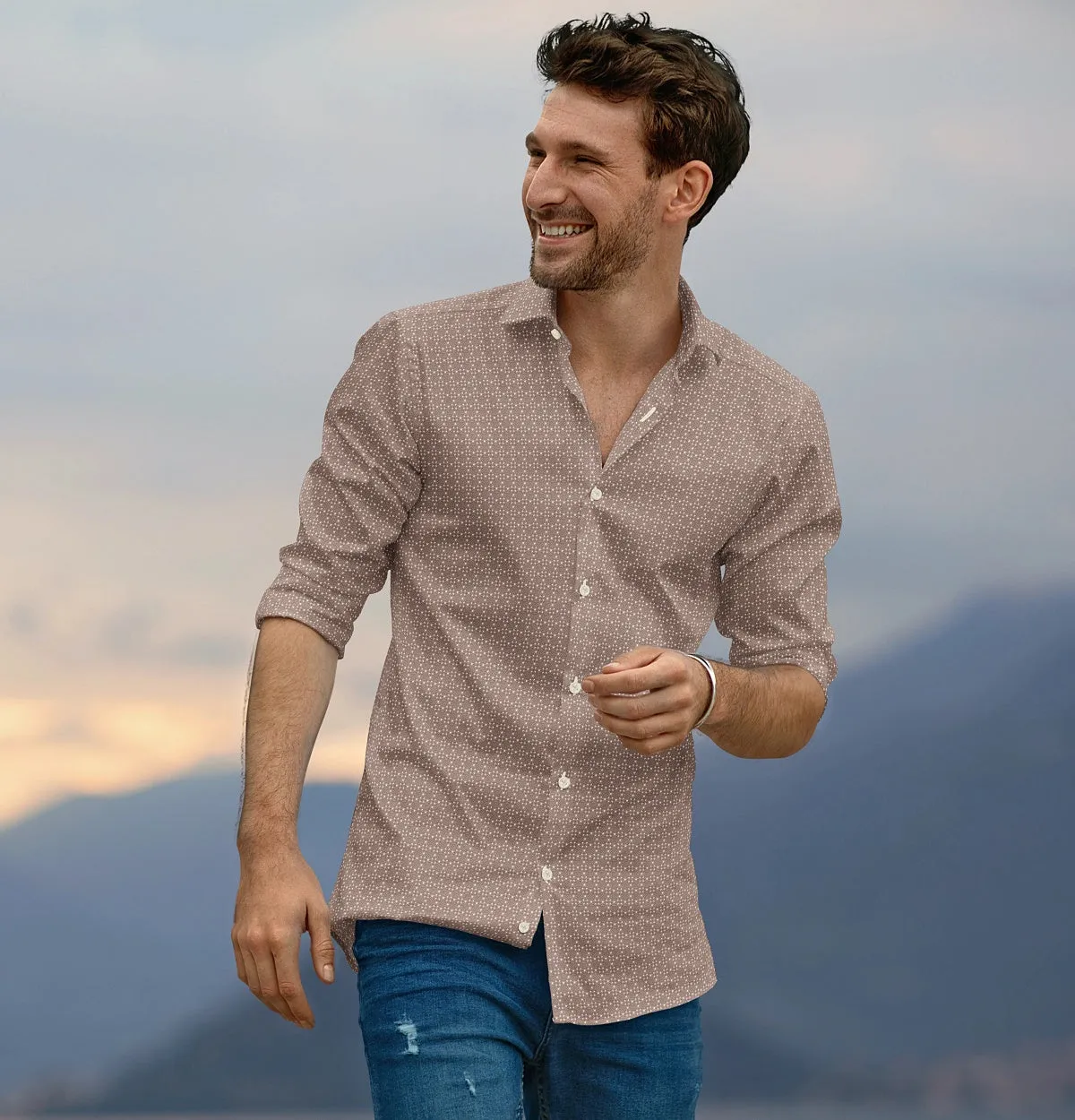 Pure Cotton - Semi-Spread Collar - Long Sleeve - Coffee Filigree sold by Airthreads product image thumbnail 3