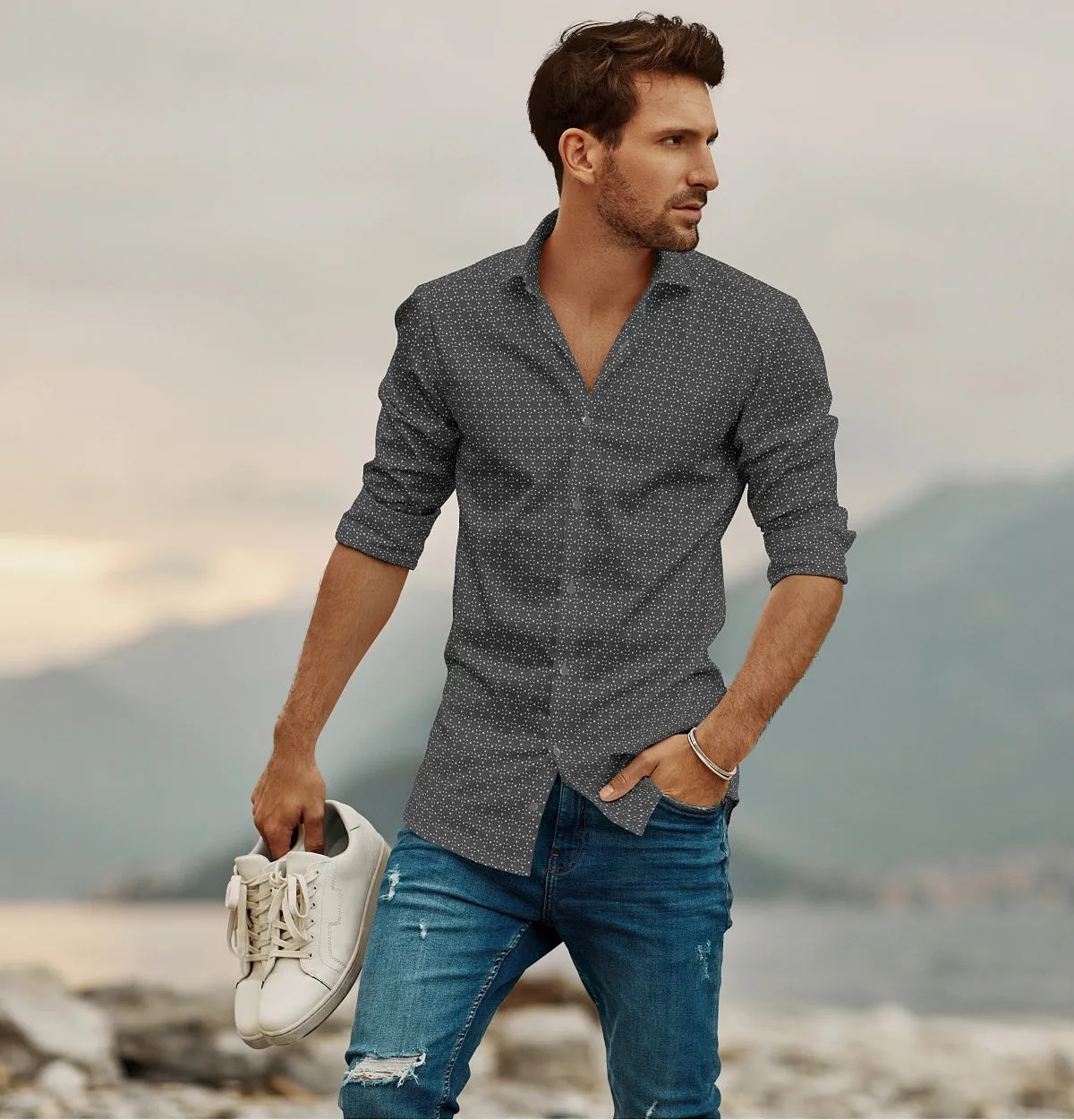 Pure Cotton - Semi-Spread Collar - Long Sleeve - Gray Filigree sold by Airthreads product image thumbnail 3