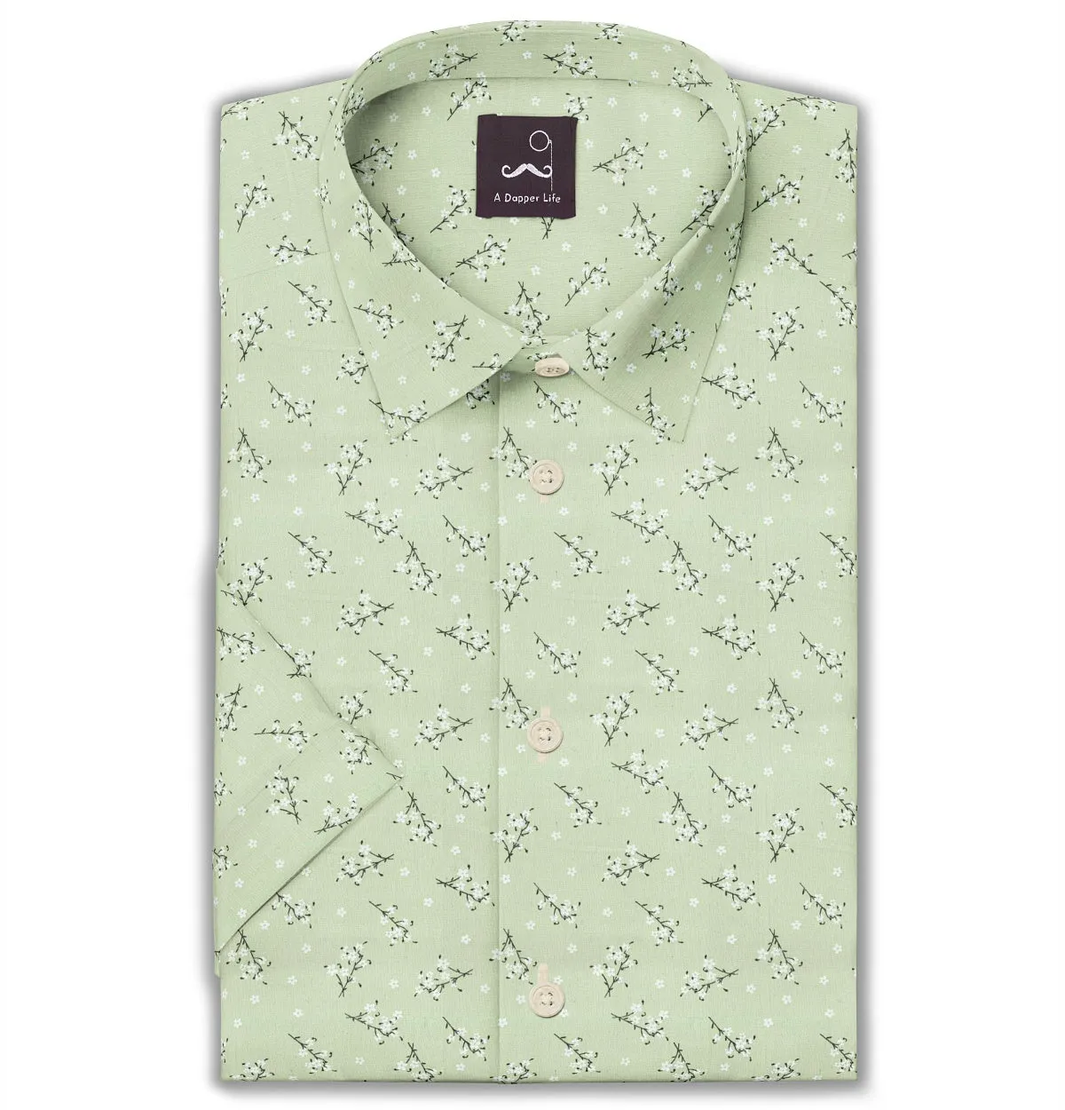 Pure Cotton - Semi-Spread Collar - Short Sleeve - Mint Hanami Bloom sold by Airthreads