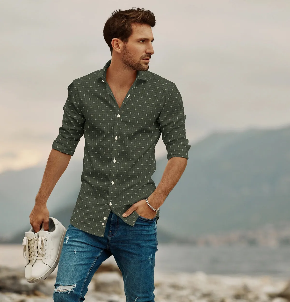 Pure Cotton - Semi-Spread Collar - Long Sleeve - Moss Tile sold by Airthreads product image thumbnail 3