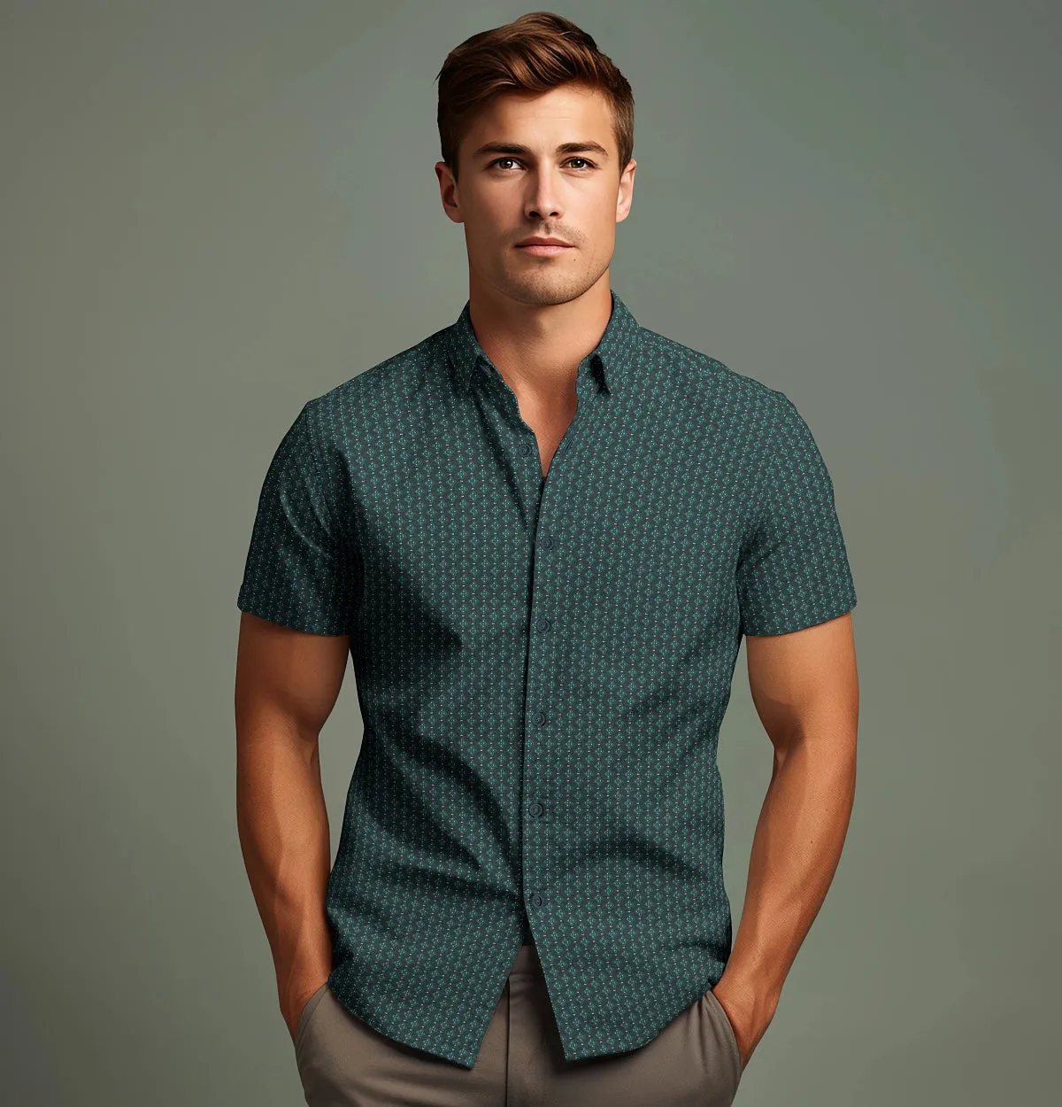 Pure Cotton - Semi-Spread Collar - Short Sleeve - Forest Leaf Lattice sold by Airthreads product image thumbnail 4