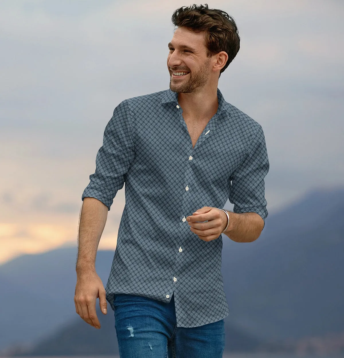 Pure Cotton - Semi-Spread Collar - Long Sleeve - Twilight Grid sold by Airthreads product image thumbnail 3