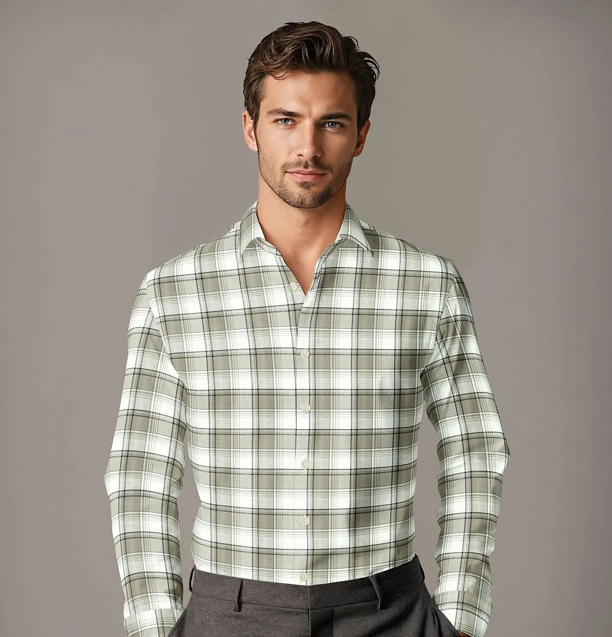 Pure Cotton - Semi-Spread Collar - Long Sleeve - Driftwood Check sold by Airthreads product image thumbnail 3