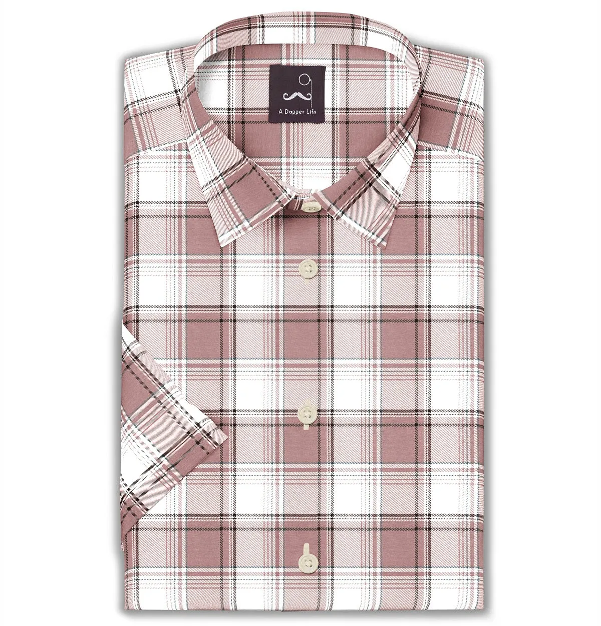 Pure Cotton - Semi-Spread Collar - Short Sleeve - Rose Taupe Check sold by Airthreads