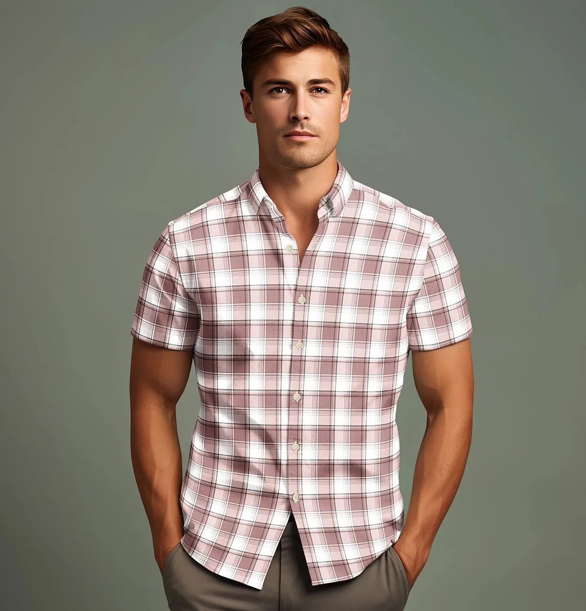 Pure Cotton - Semi-Spread Collar - Short Sleeve - Rose Taupe Check sold by Airthreads product image thumbnail 4