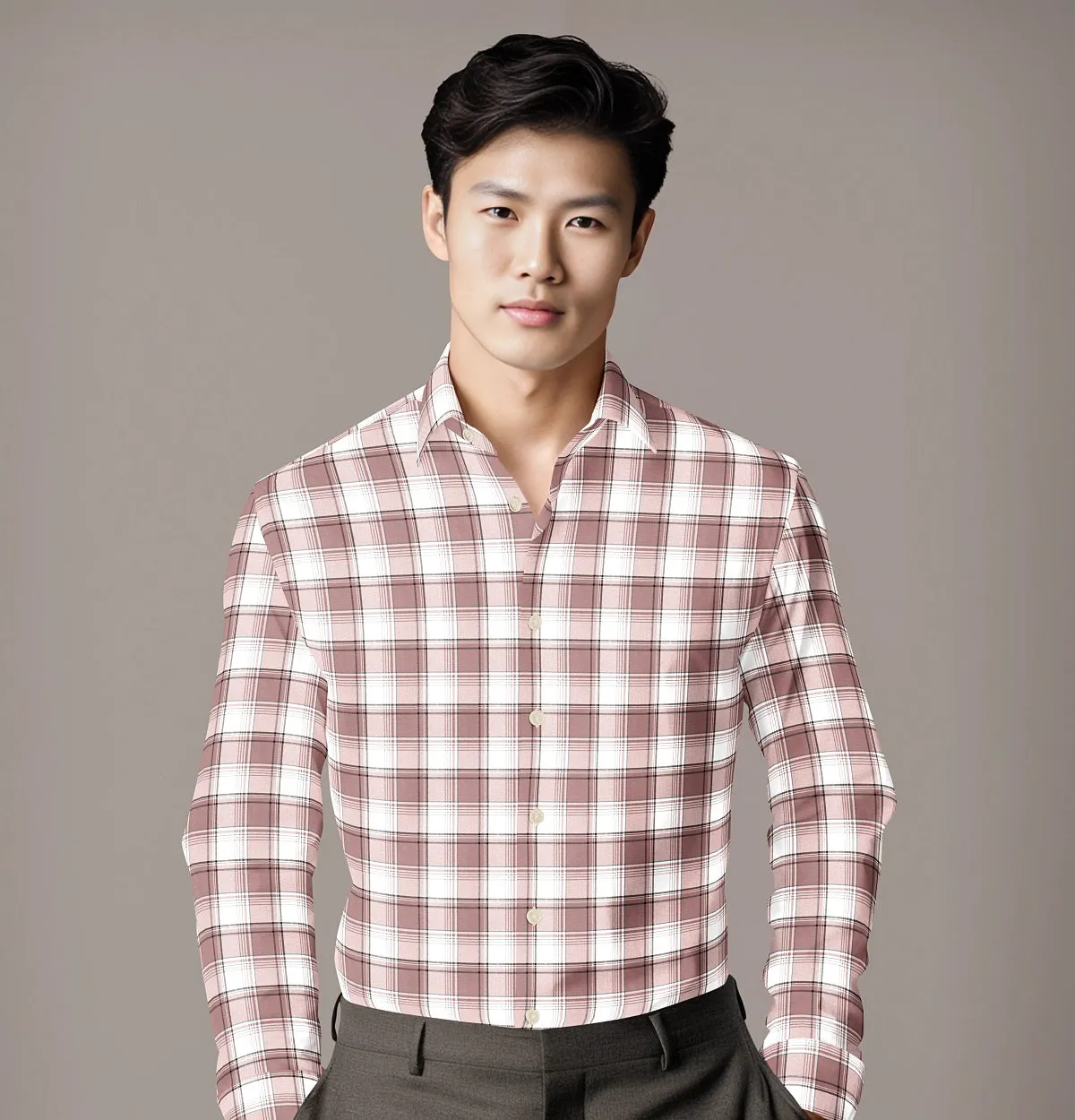 Pure Cotton - Semi-Spread Collar - Long Sleeve - Rose Taupe Check sold by Airthreads product image thumbnail 4