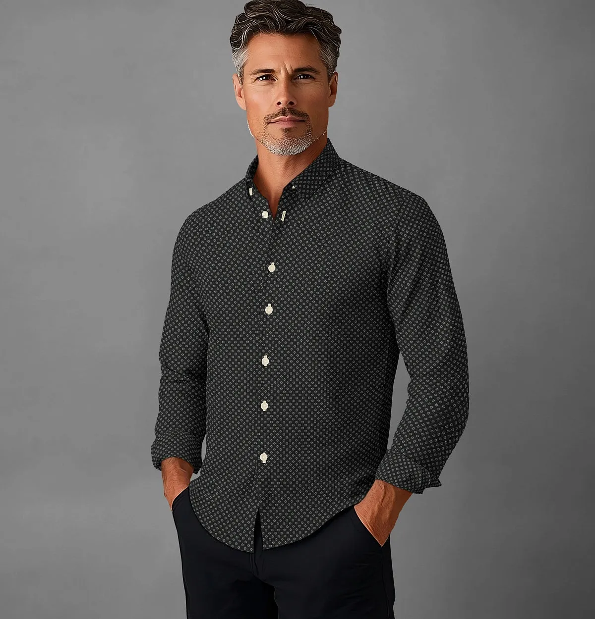 Pure Cotton - Semi-Spread Collar - Long Sleeve - Black Flower Print sold by Airthreads product image thumbnail 3