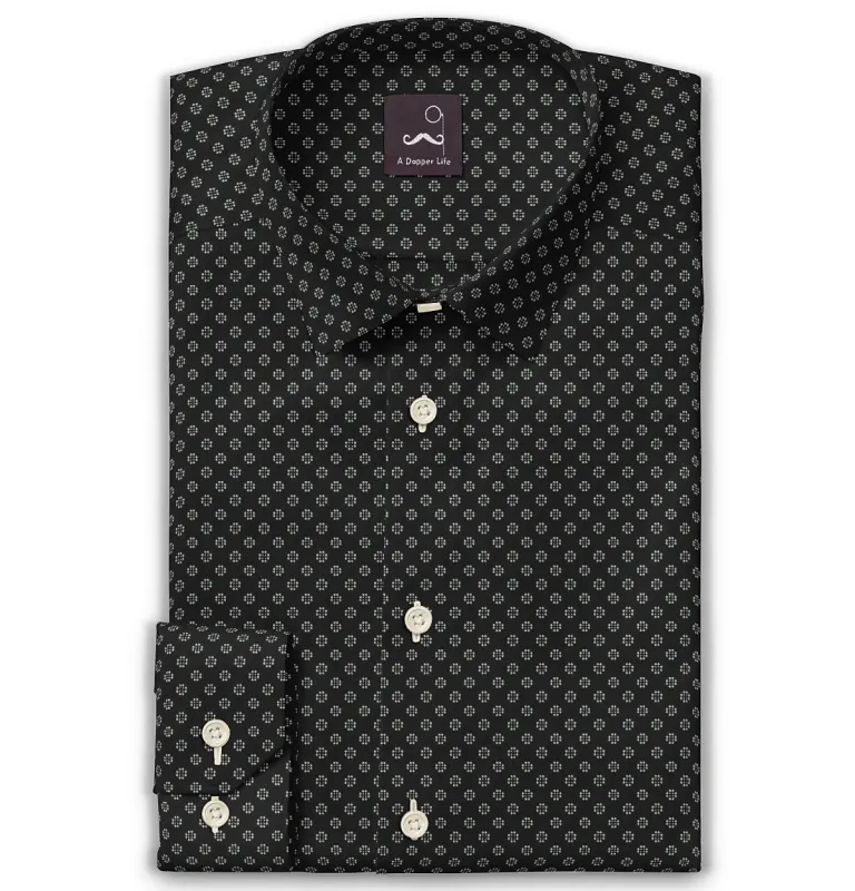 Pure Cotton - Semi-Spread Collar - Long Sleeve - Black Flower Print sold by Airthreads