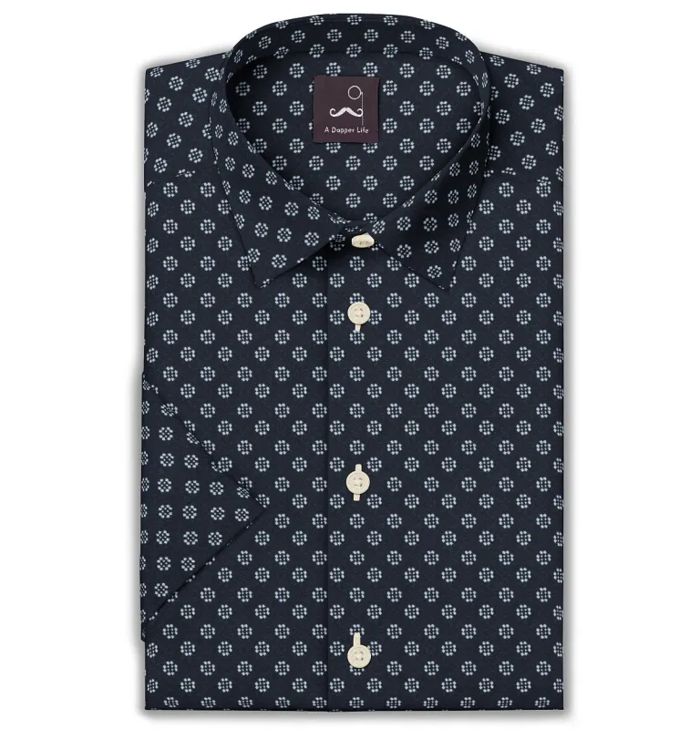 Pure Cotton - Semi-Spread Collar - Short Sleeve - Navy Flower Print sold by Airthreads