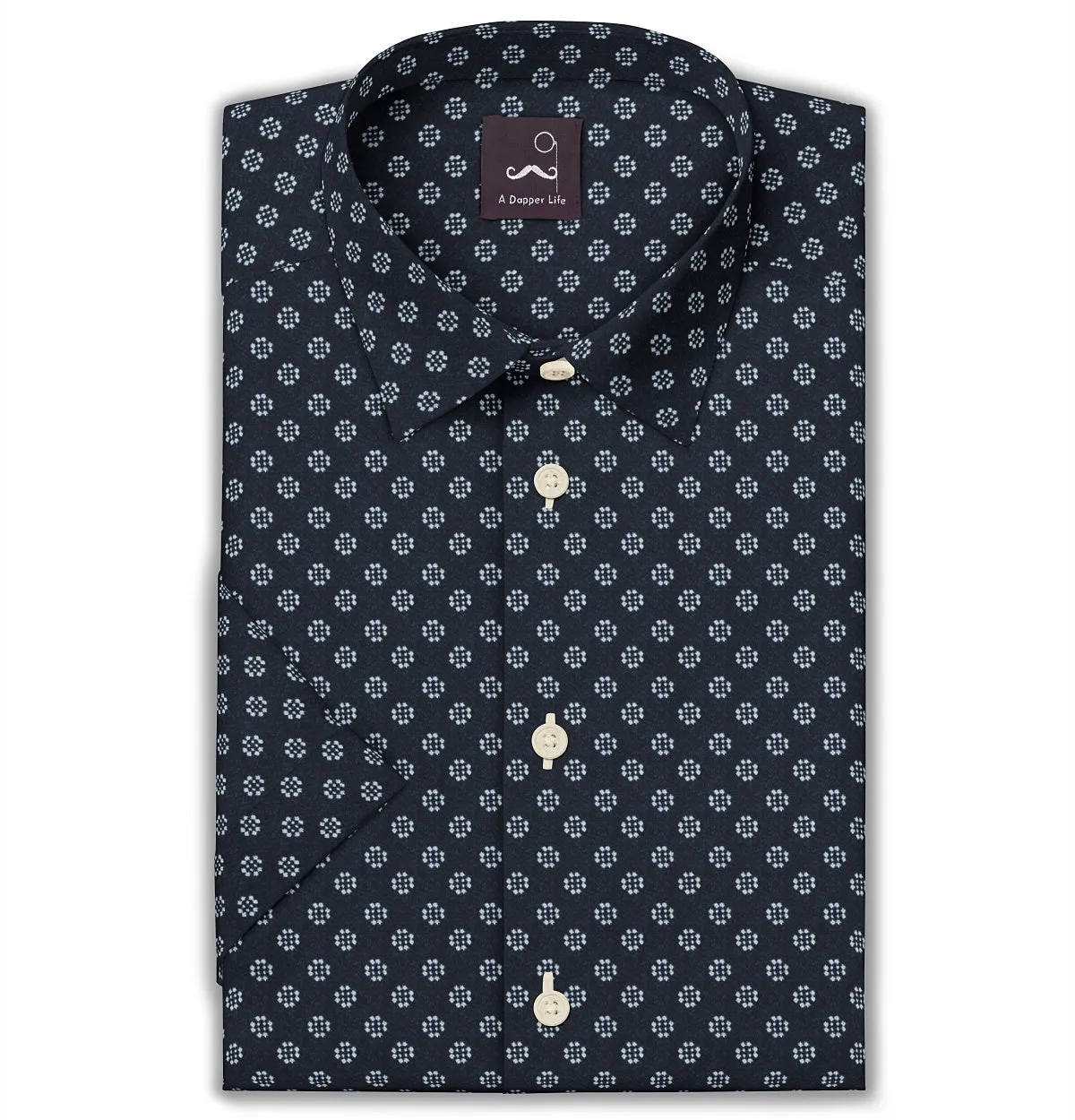 Pure Cotton - Semi-Spread Collar - Short Sleeve - Navy Flower Print sold by Airthreads