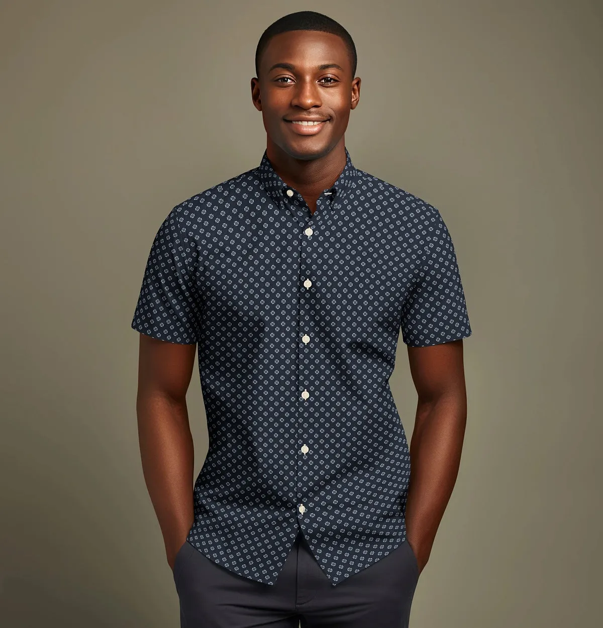 Pure Cotton - Semi-Spread Collar - Short Sleeve - Navy Flower Print sold by Airthreads product image thumbnail 4