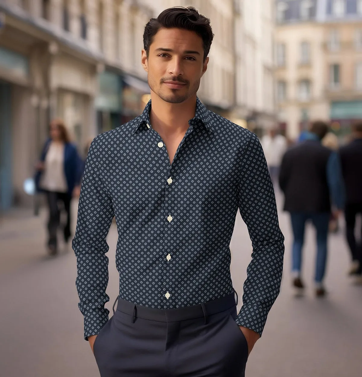 Pure Cotton - Semi-Spread Collar - Long Sleeve - Navy Flower Print sold by Airthreads product image thumbnail 3