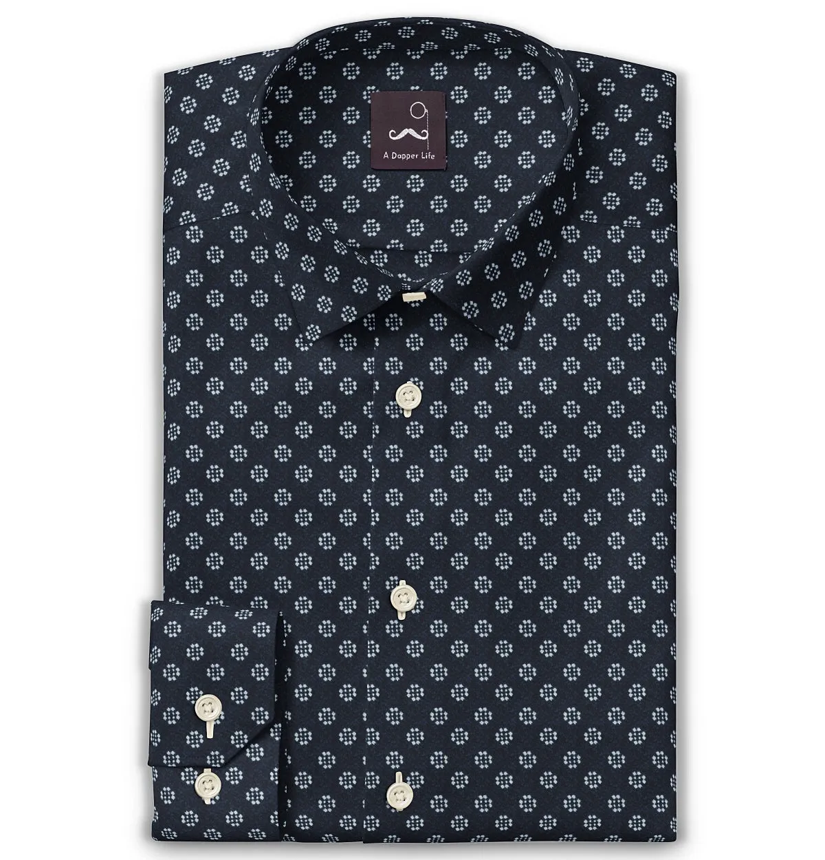 Pure Cotton - Semi-Spread Collar - Long Sleeve - Navy Flower Print sold by Airthreads