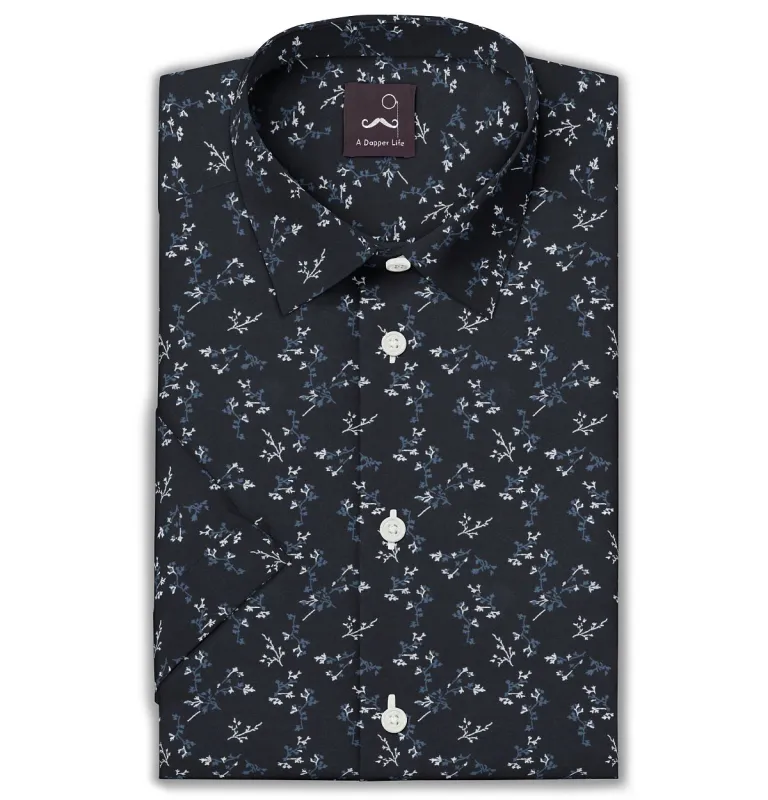 Pure Cotton - Semi-Spread Collar - Short Sleeve - Midnight Blossom sold by Airthreads
