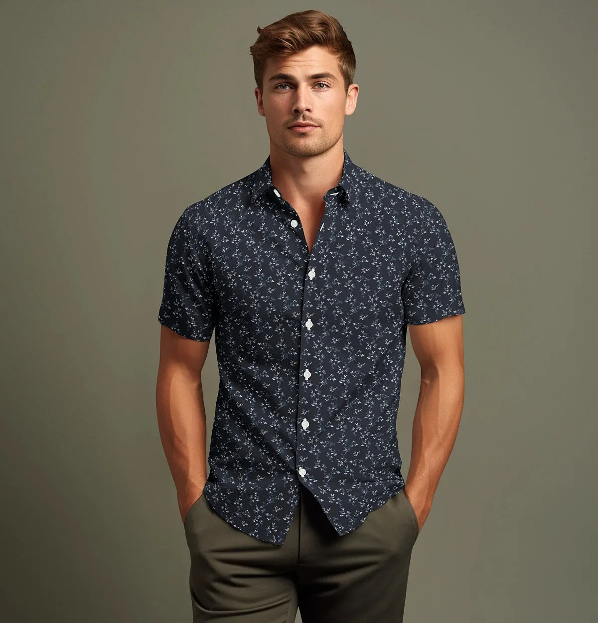 Pure Cotton - Semi-Spread Collar - Short Sleeve - Midnight Blossom sold by Airthreads product image thumbnail 4