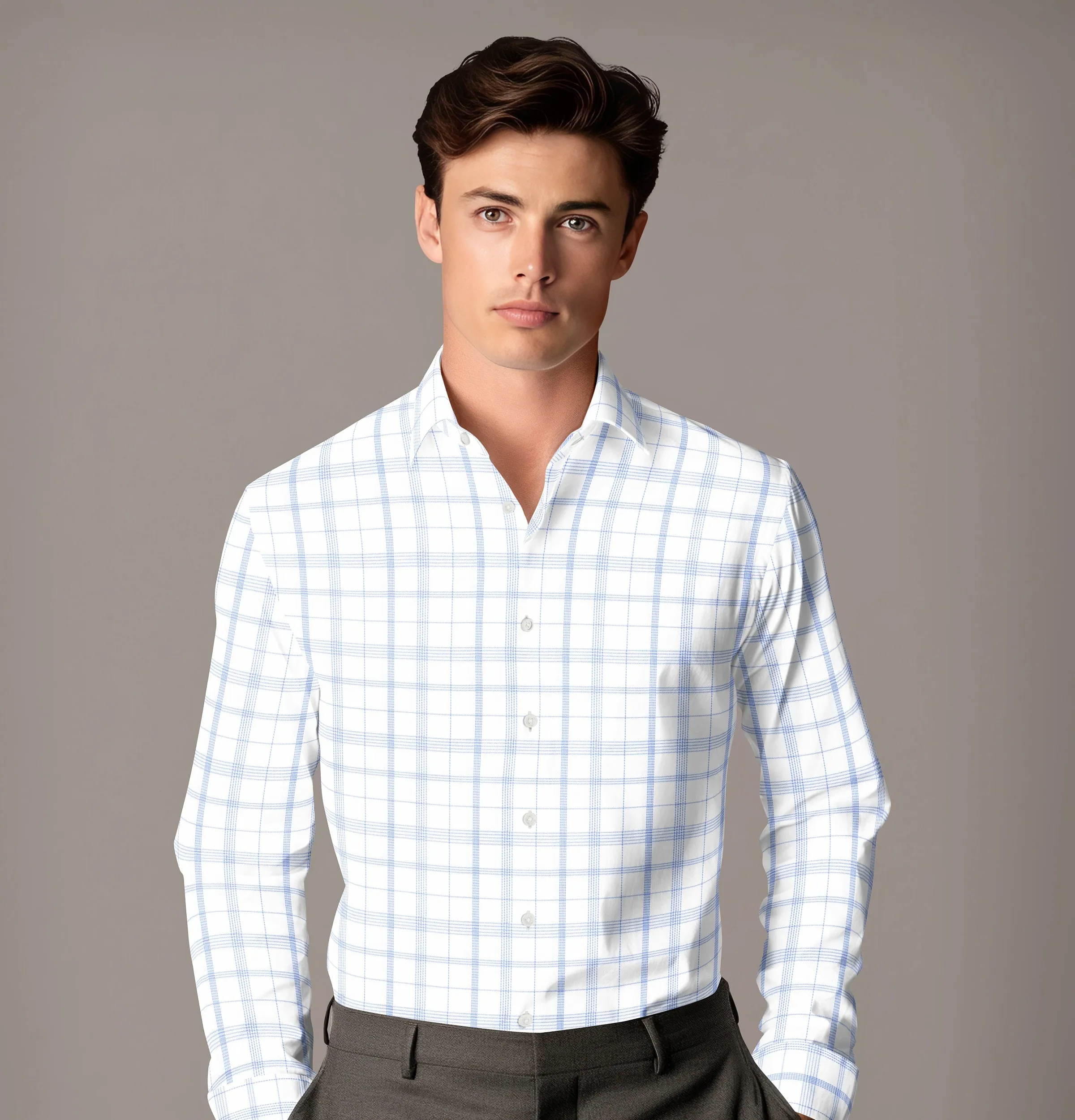 Wrinkle-free White with Blue Checks - Long Sleeve sold by Airthreads product image thumbnail 3