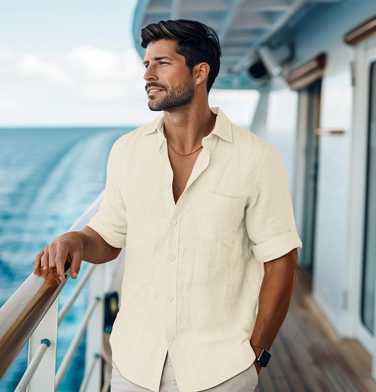 Long Sleeve Linen Shirt in Light Beige sold by Airthreads product image thumbnail 3