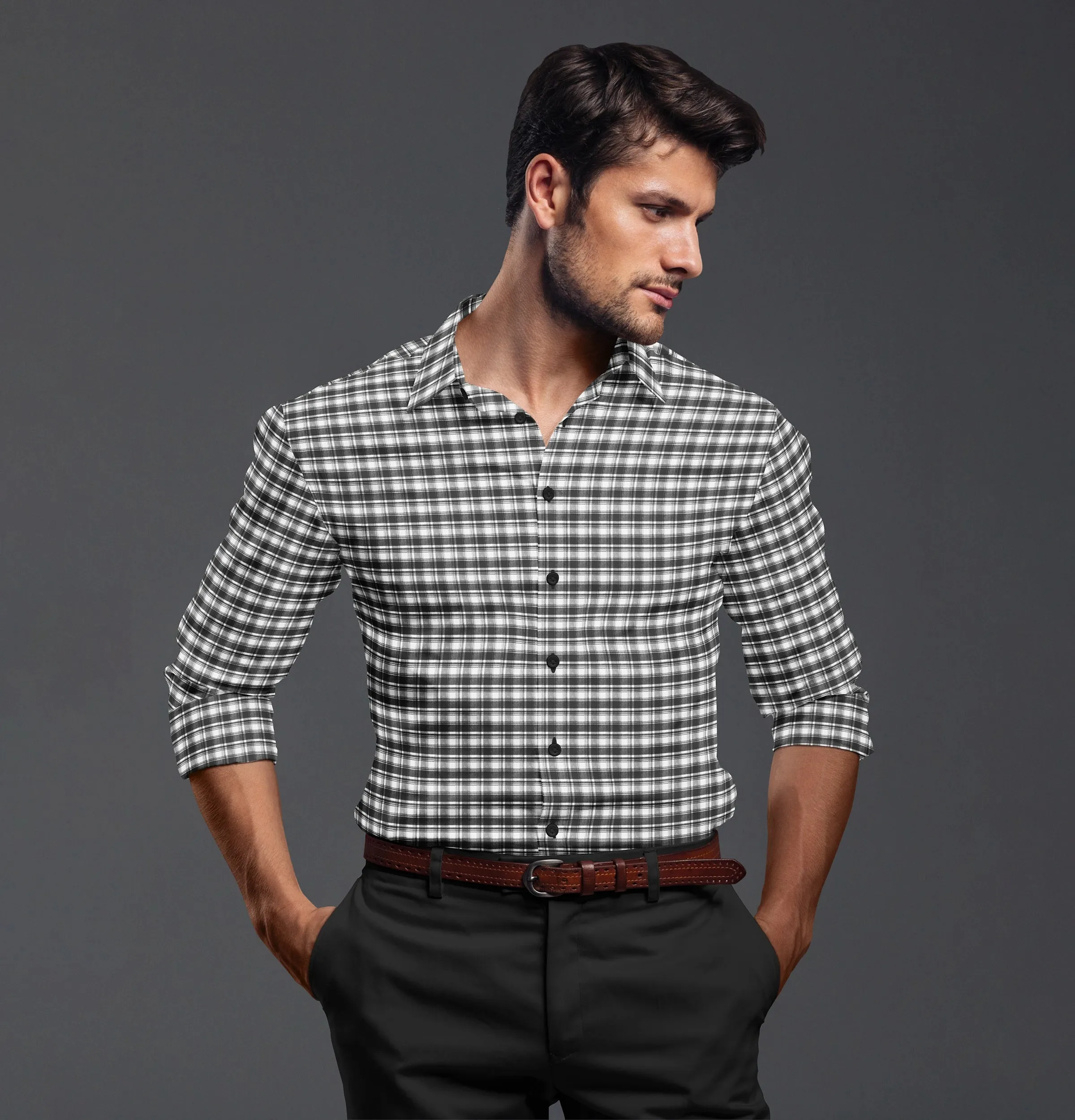 Pure Cotton - Long Sleeve - Black & White Checks Style 6 sold by Airthreads product image thumbnail 3