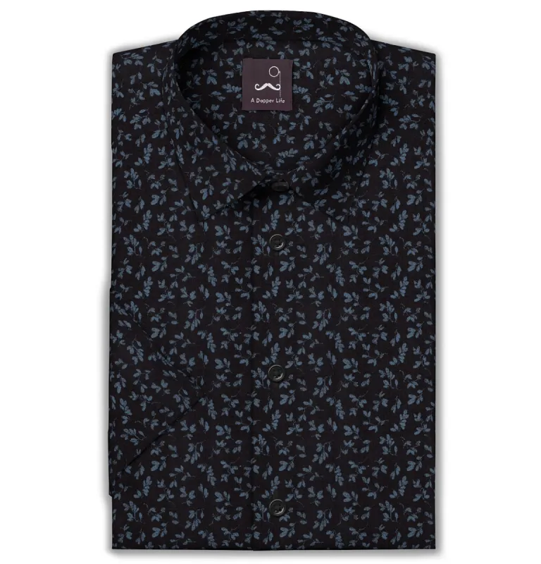 Pure Cotton - Short Sleeve - Black with Blue Flowers sold by Airthreads