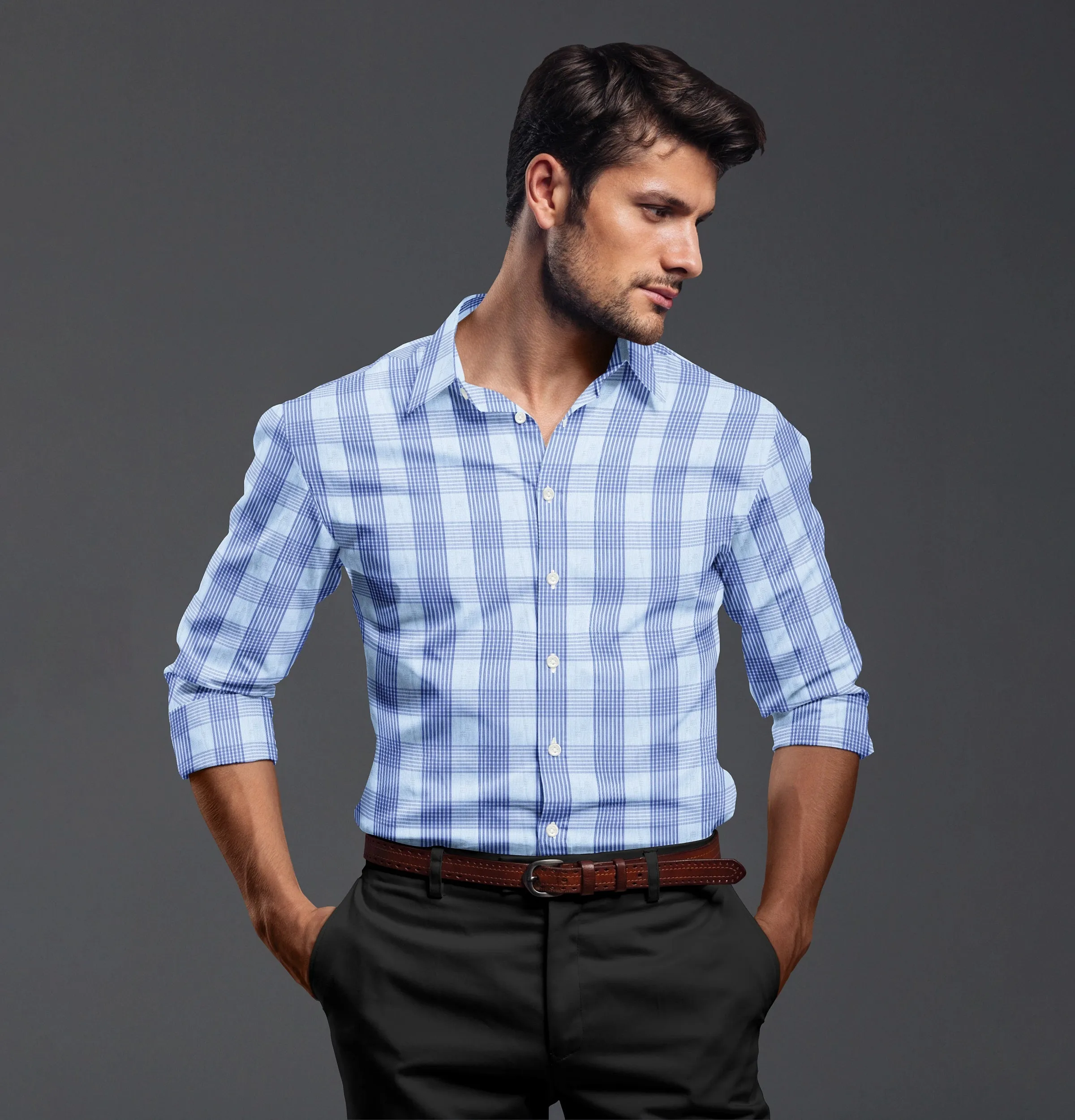 Wrinkle-free - Long Sleeve - Blue with Dark Blue Checks sold by Airthreads product image thumbnail 4