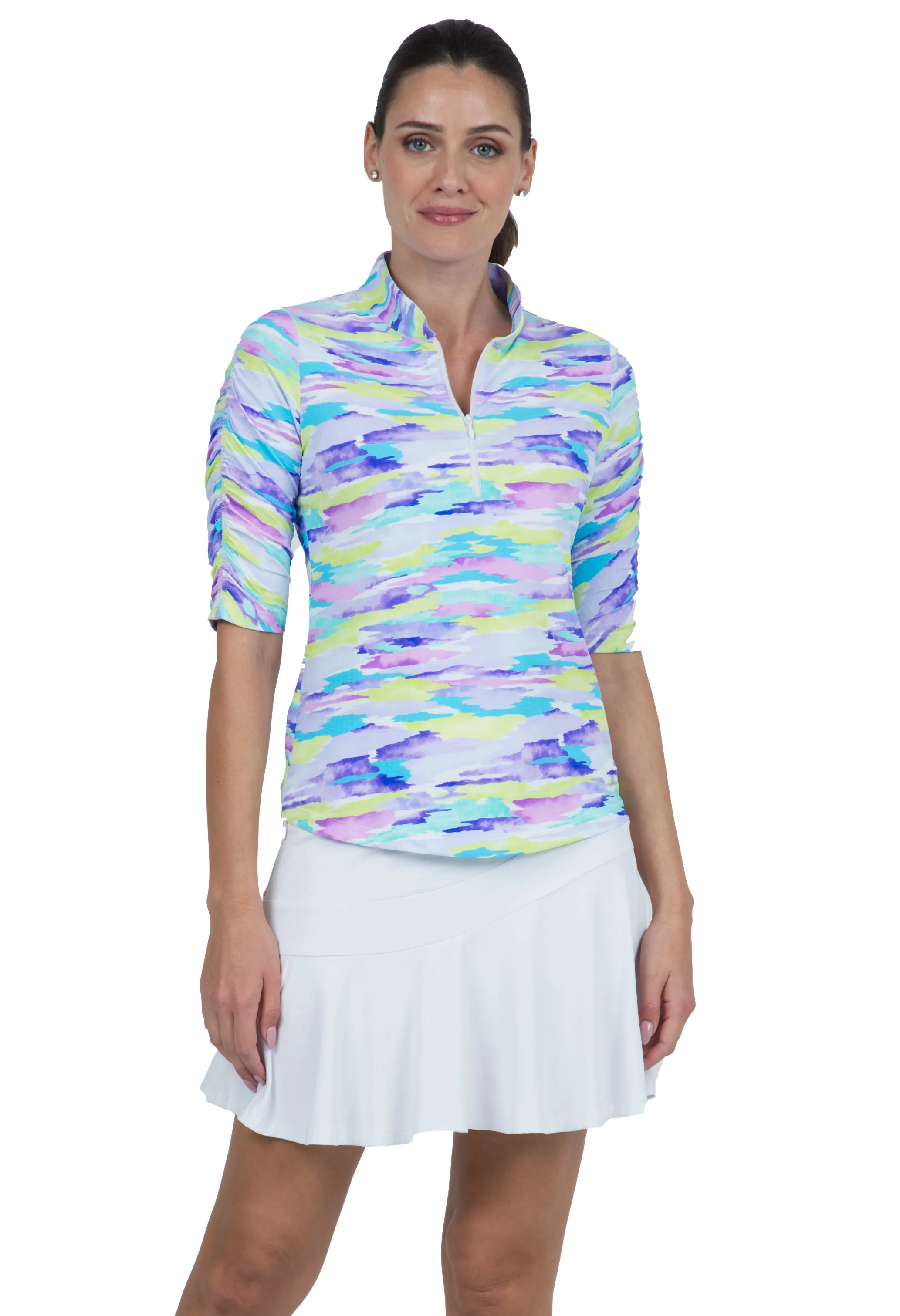 Jessie Print Ruched Elbow Length Sleeve Top sold by IBKUL