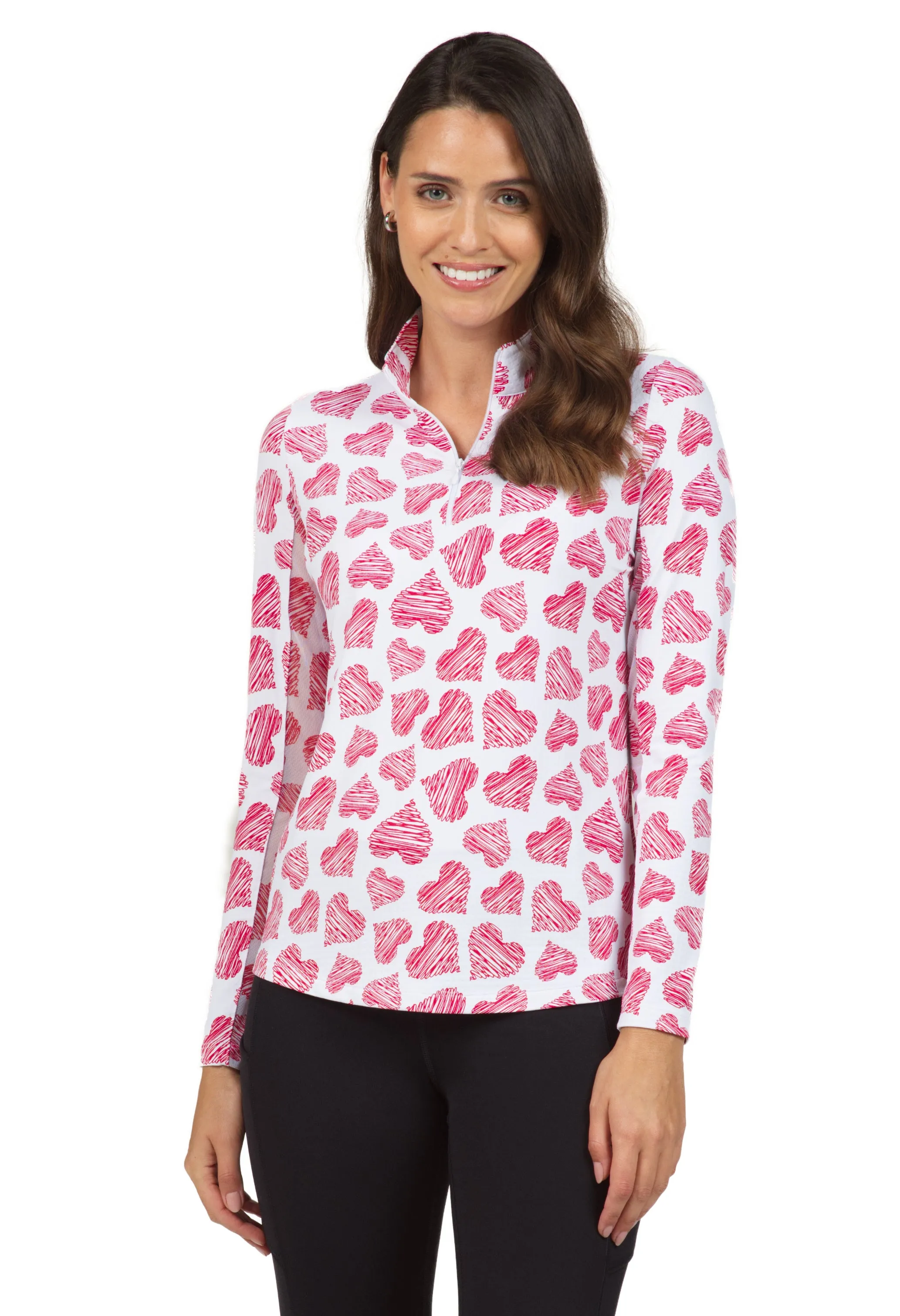 Scribble Hearts Print Long Sleeve Mock Neck Top – 10489 sold by IBKUL