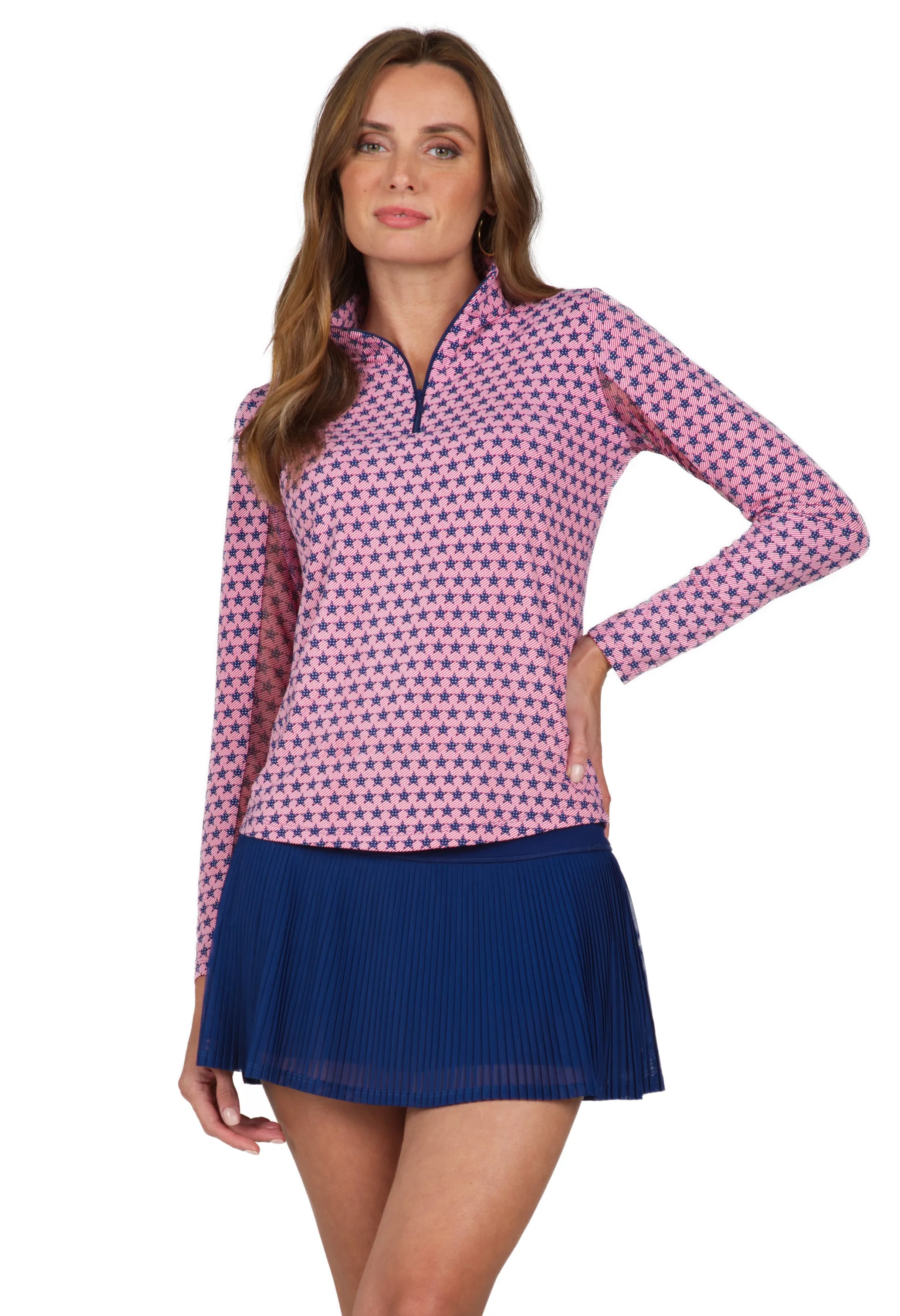 Stars & Stripes Print Long Sleeve Mock Neck Top – 10545 sold by IBKUL