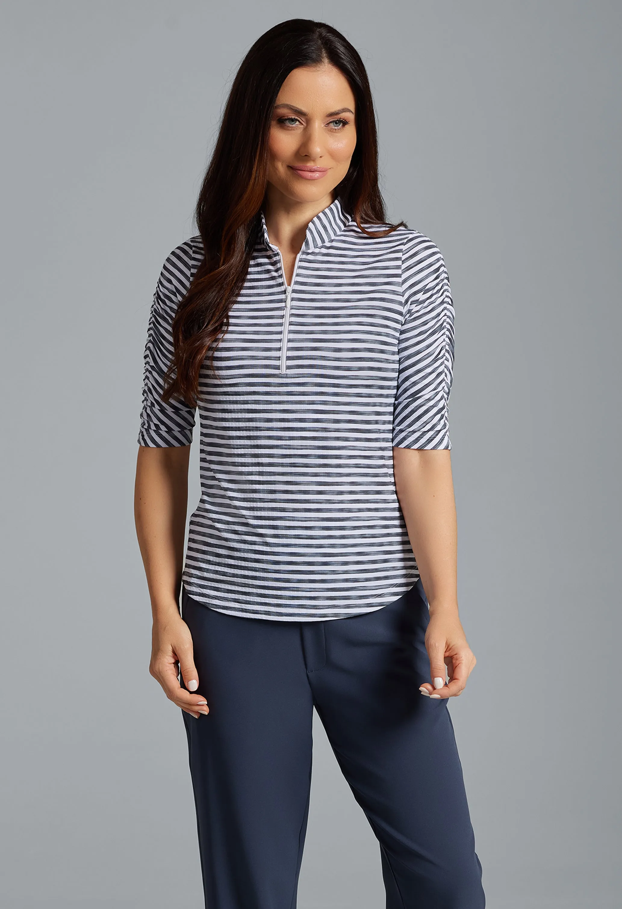 Landon Stripe II Print Ruched Elbow Sleeve Top sold by IBKUL product image thumbnail 2