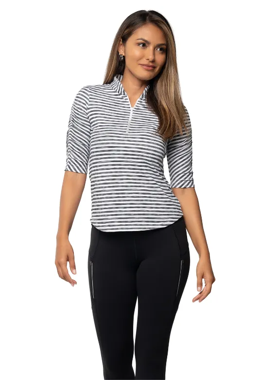 Landon Stripe II Print Ruched Elbow Sleeve Top sold by IBKUL