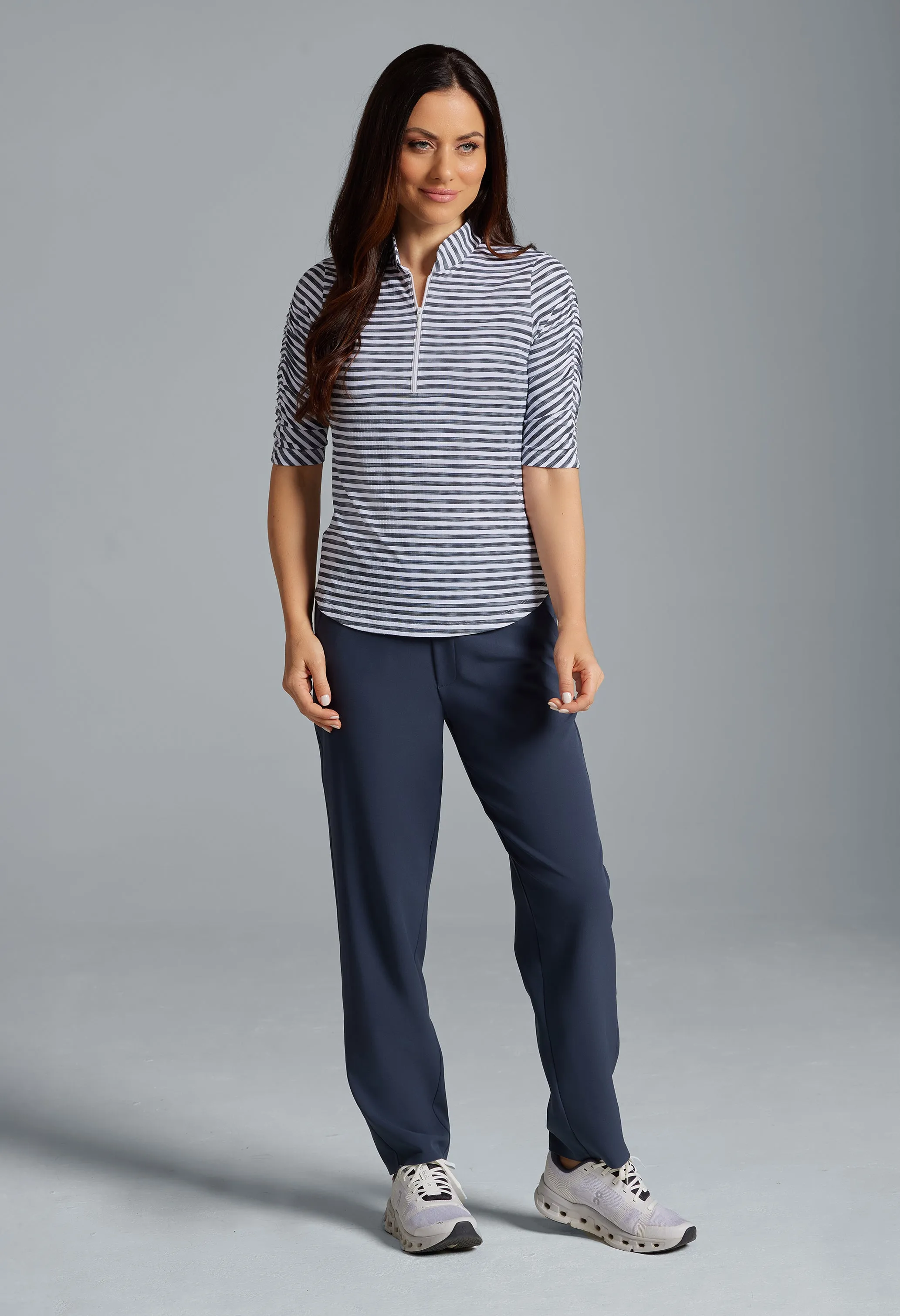 Landon Stripe II Print Ruched Elbow Sleeve Top sold by IBKUL product image thumbnail 4