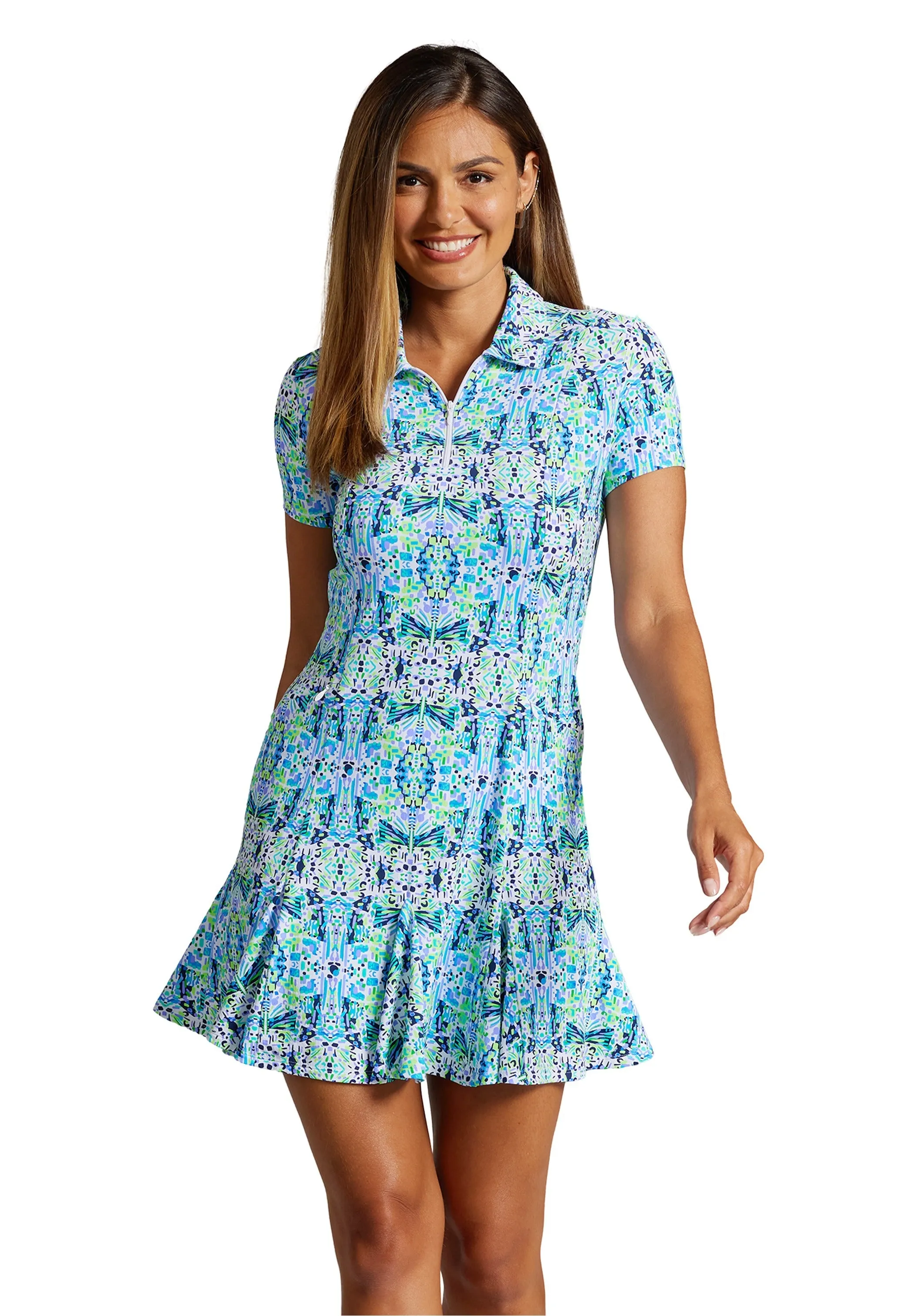 Ridley Print Short Sleeve Godet Dress sold by IBKUL