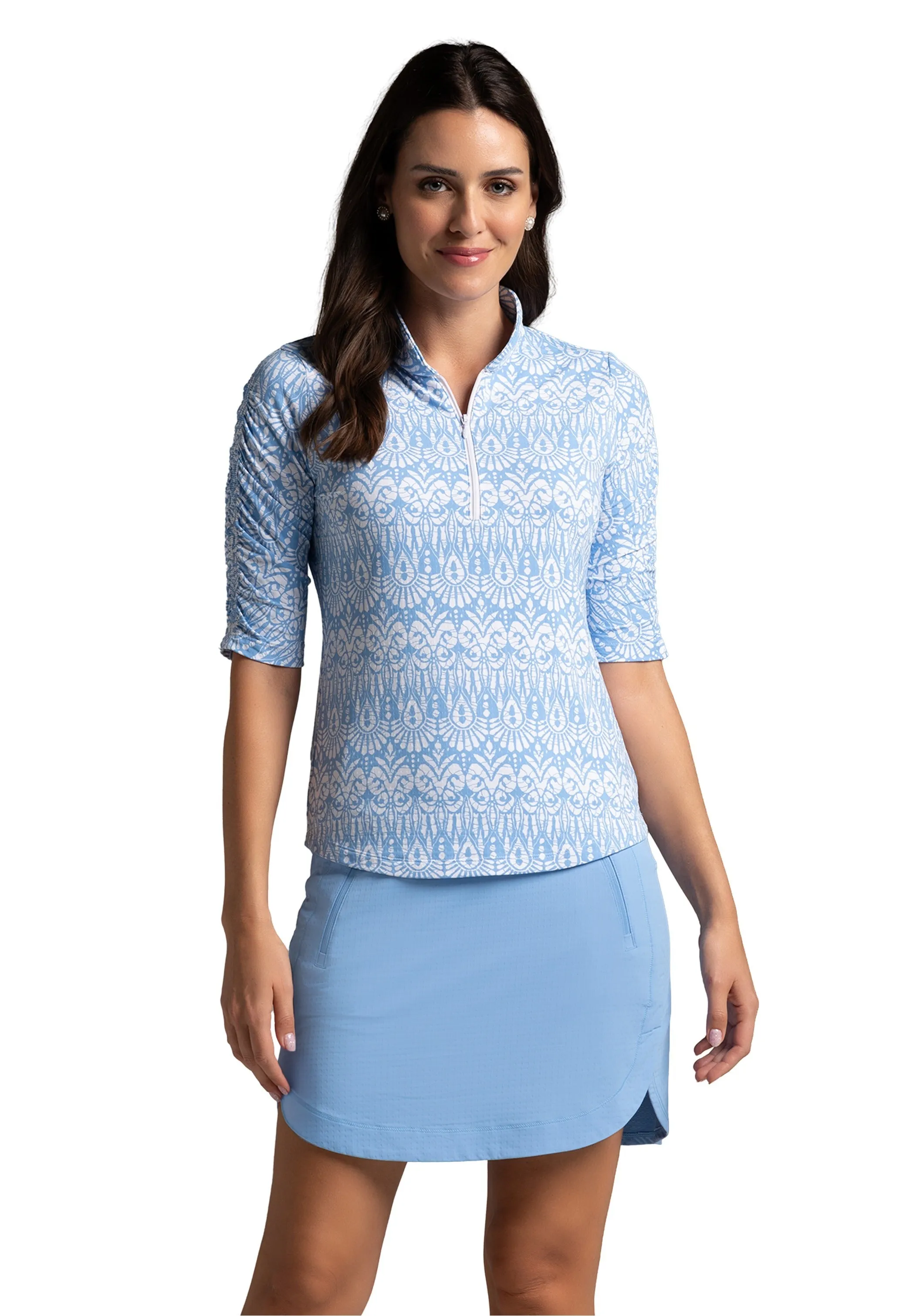 Barbara Print Ruched Elbow Length Sleeve Top sold by IBKUL