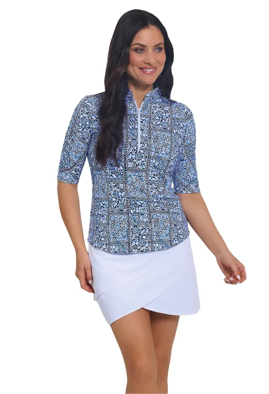 Josie Print Ruched Elbow Sleeve Mandarin Collar Top made by IBKUL