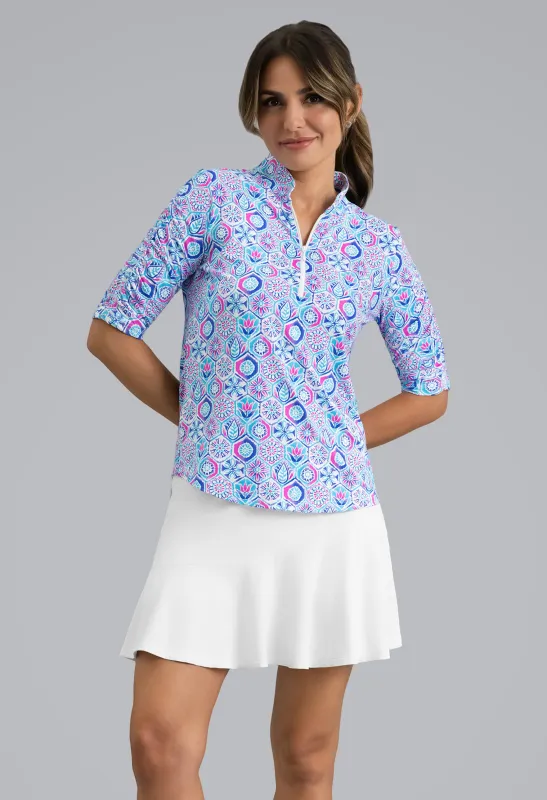 Alexis Ruched Elbow Sleeve Mandarin Collar Top made by IBKUL