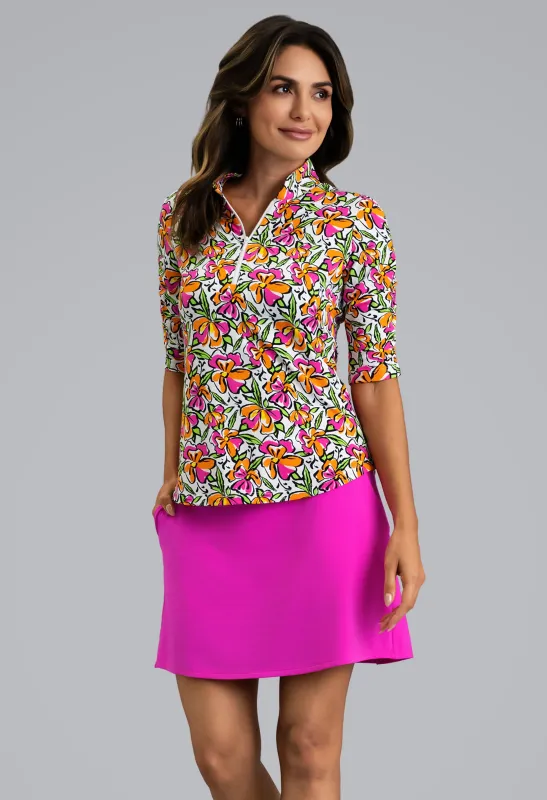 Sonia Ruched Elbow Sleeve Mandarin Collar Top made by IBKUL
