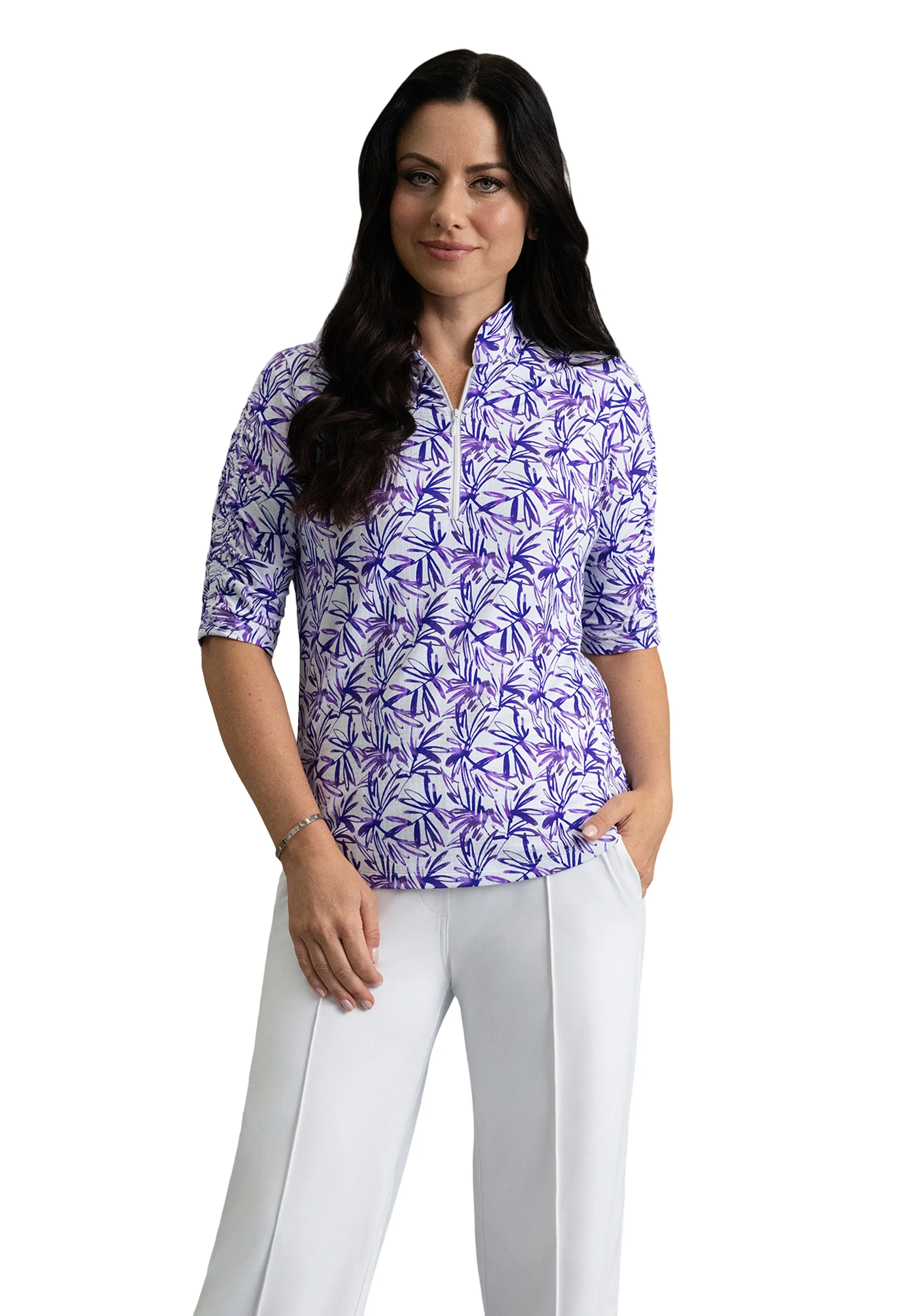 Norma Ruched Elbow Sleeve Mandarin Collar Top sold by IBKUL product image thumbnail 3