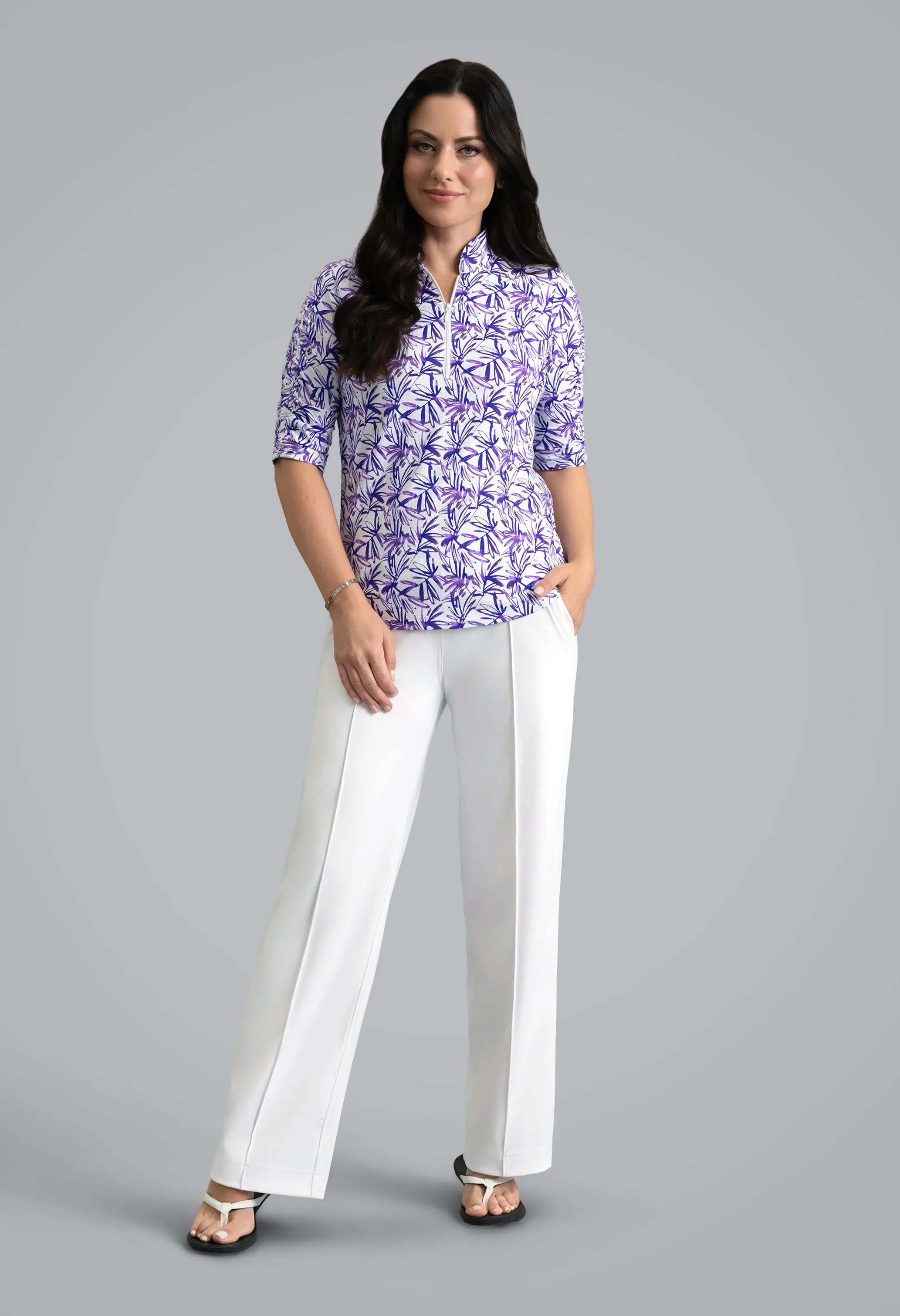 Norma Ruched Elbow Sleeve Mandarin Collar Top sold by IBKUL product image thumbnail 5