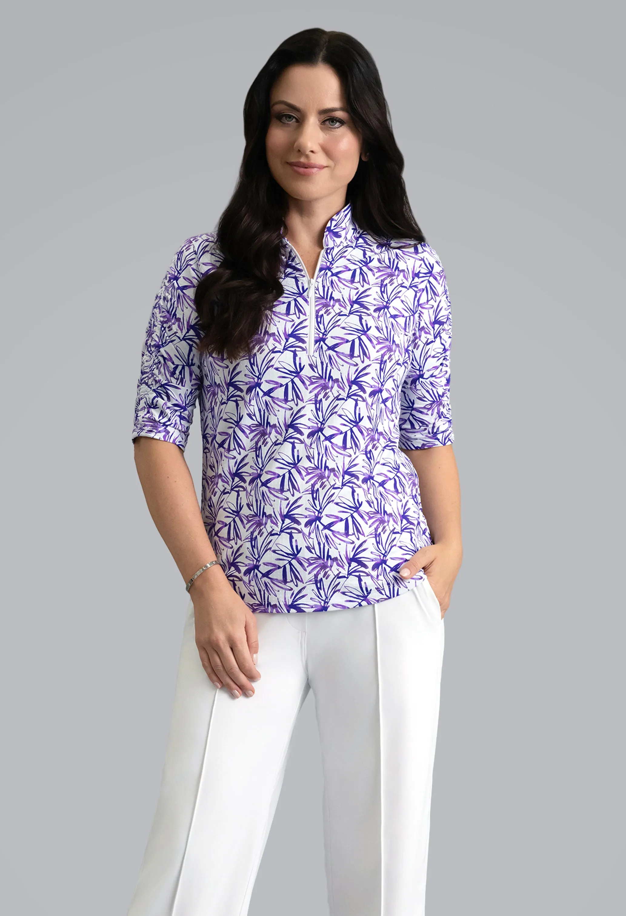 Norma Ruched Elbow Sleeve Mandarin Collar Top sold by IBKUL